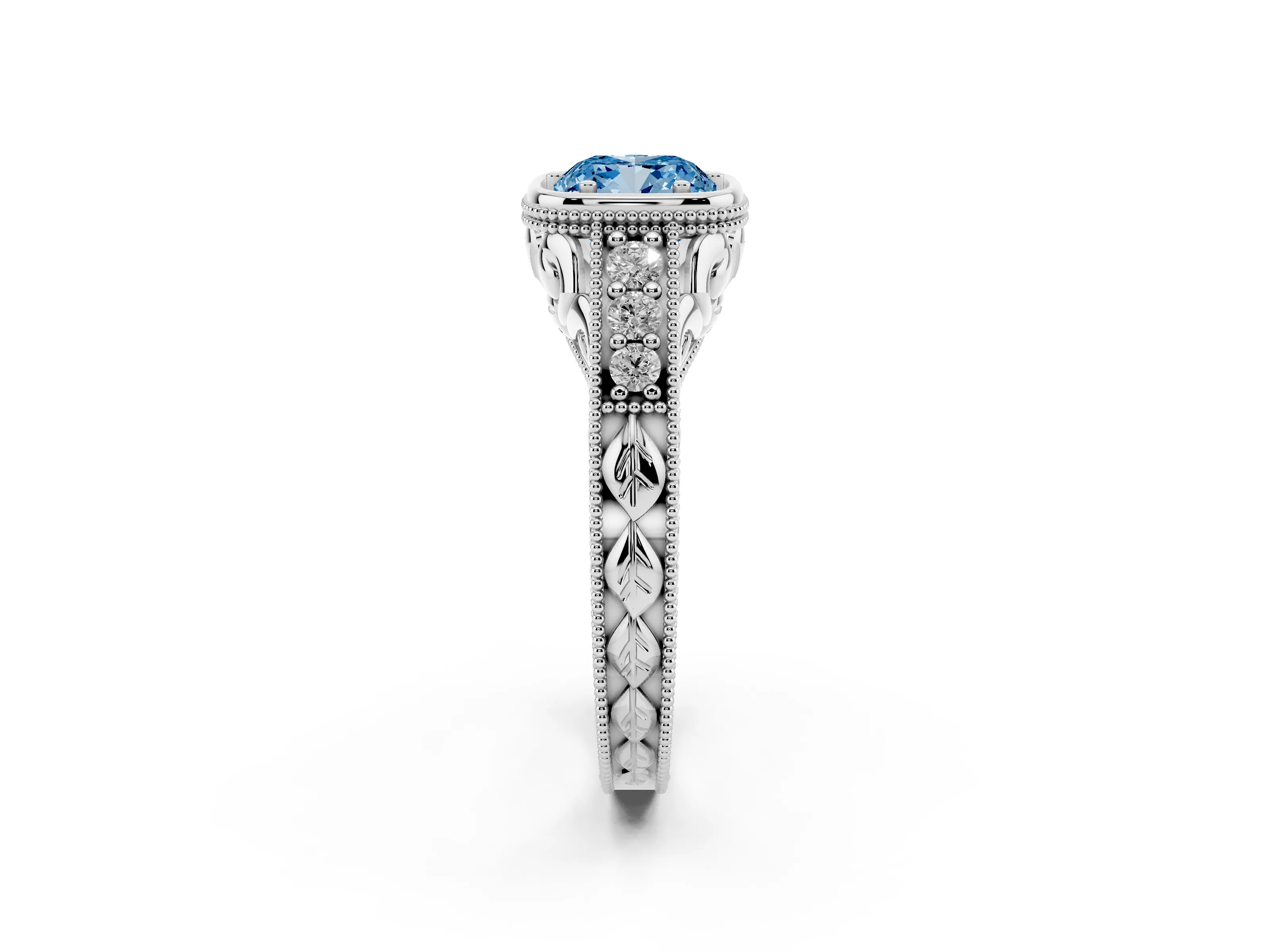 Fancy Blue Bezel Set Cushion Cut Diamond Milgrain Pavé Engagement Ring Set in White gold