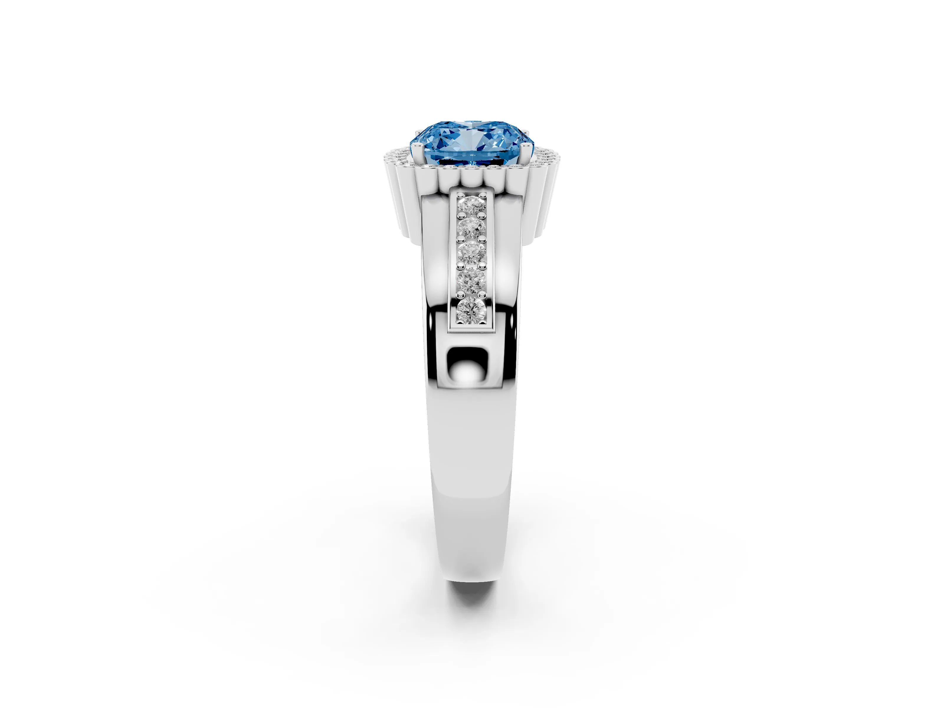 Fancy Blue Cushion Cut Diamond Halo Prong Ring Set in Silver with Pavé Band