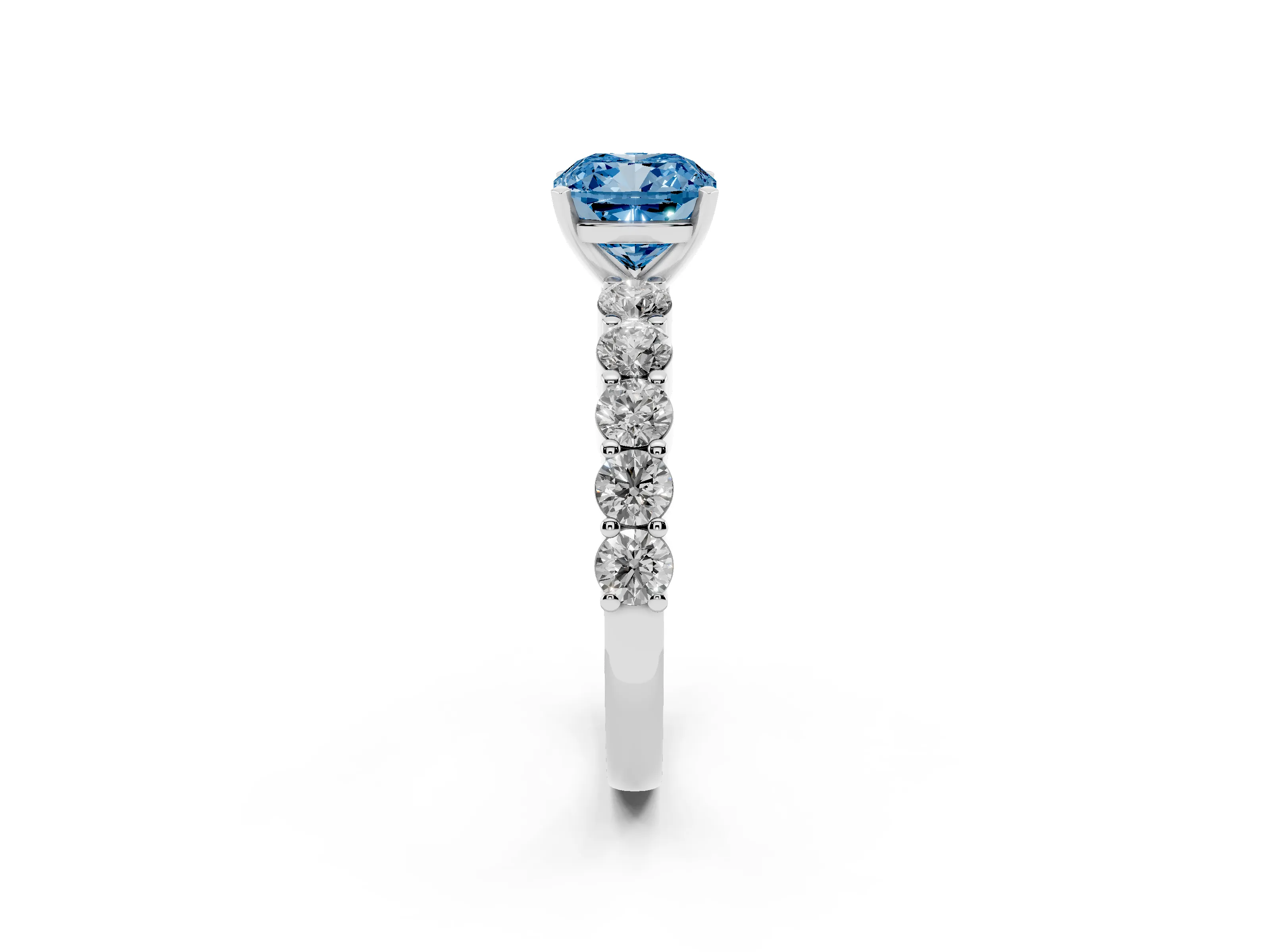 Fancy Blue Cushion Cut Diamond Solitaire Ring Set in White gold with Shared Prong Round Side Stones