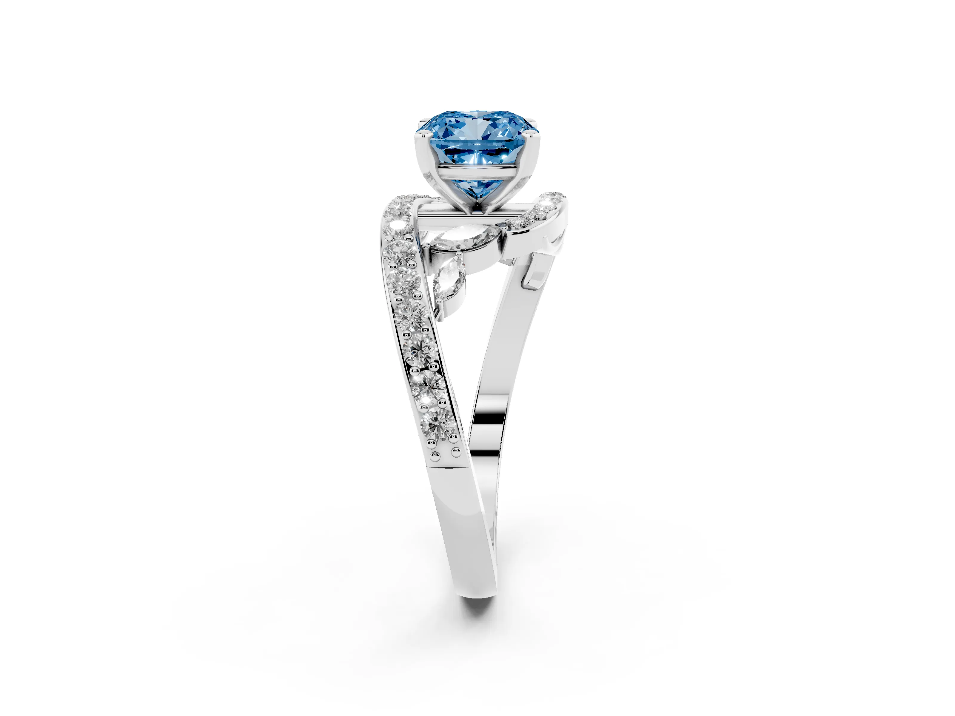 Fancy Blue Cushion Cut Diamond Solitaire Ring Set in White gold with Pavé Twist Band and Secure Prong Setting