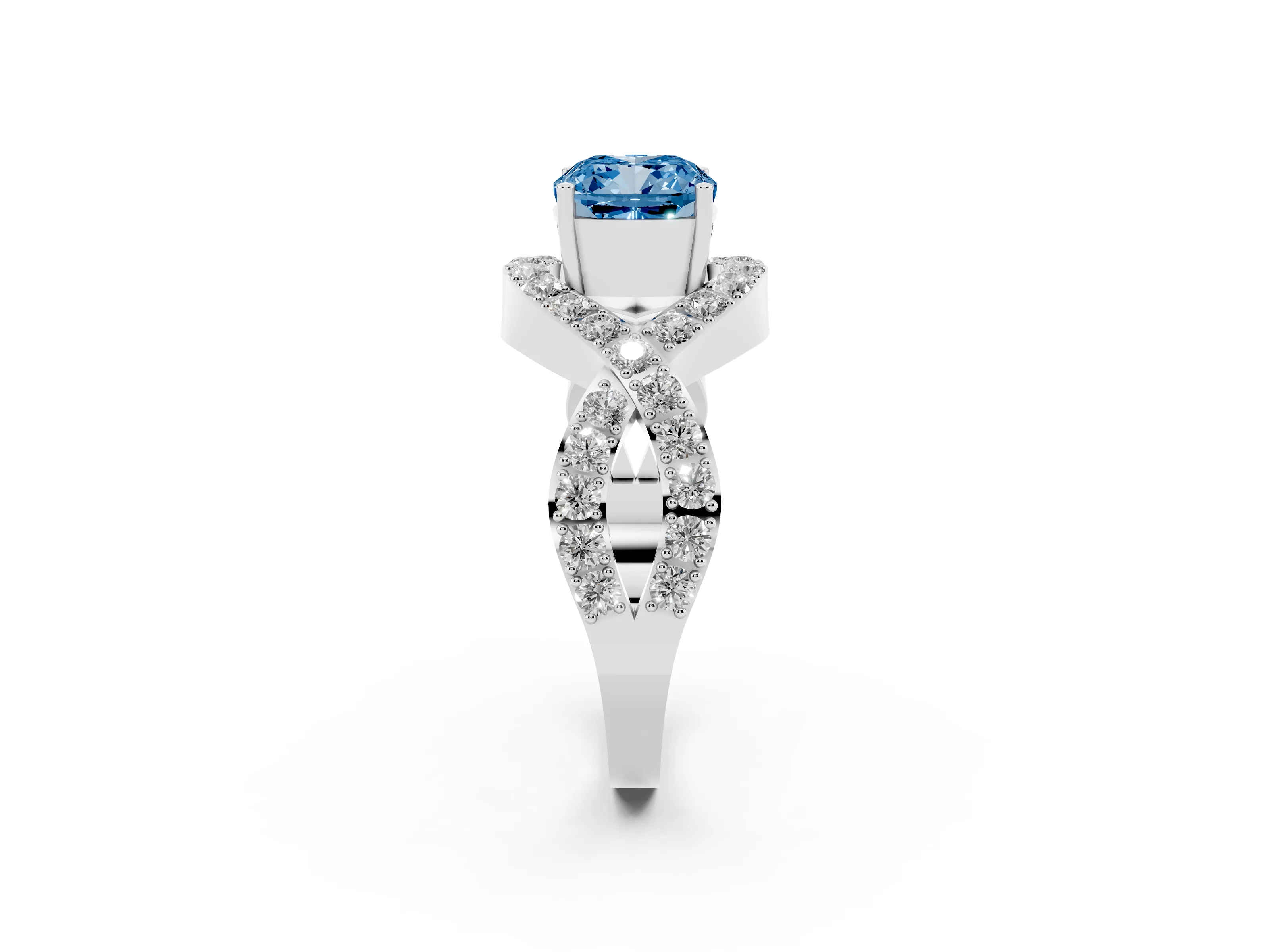 Fancy Blue Cushion Cut Diamond Solitaire Twist Band Pavé Engagement Ring Set in White gold