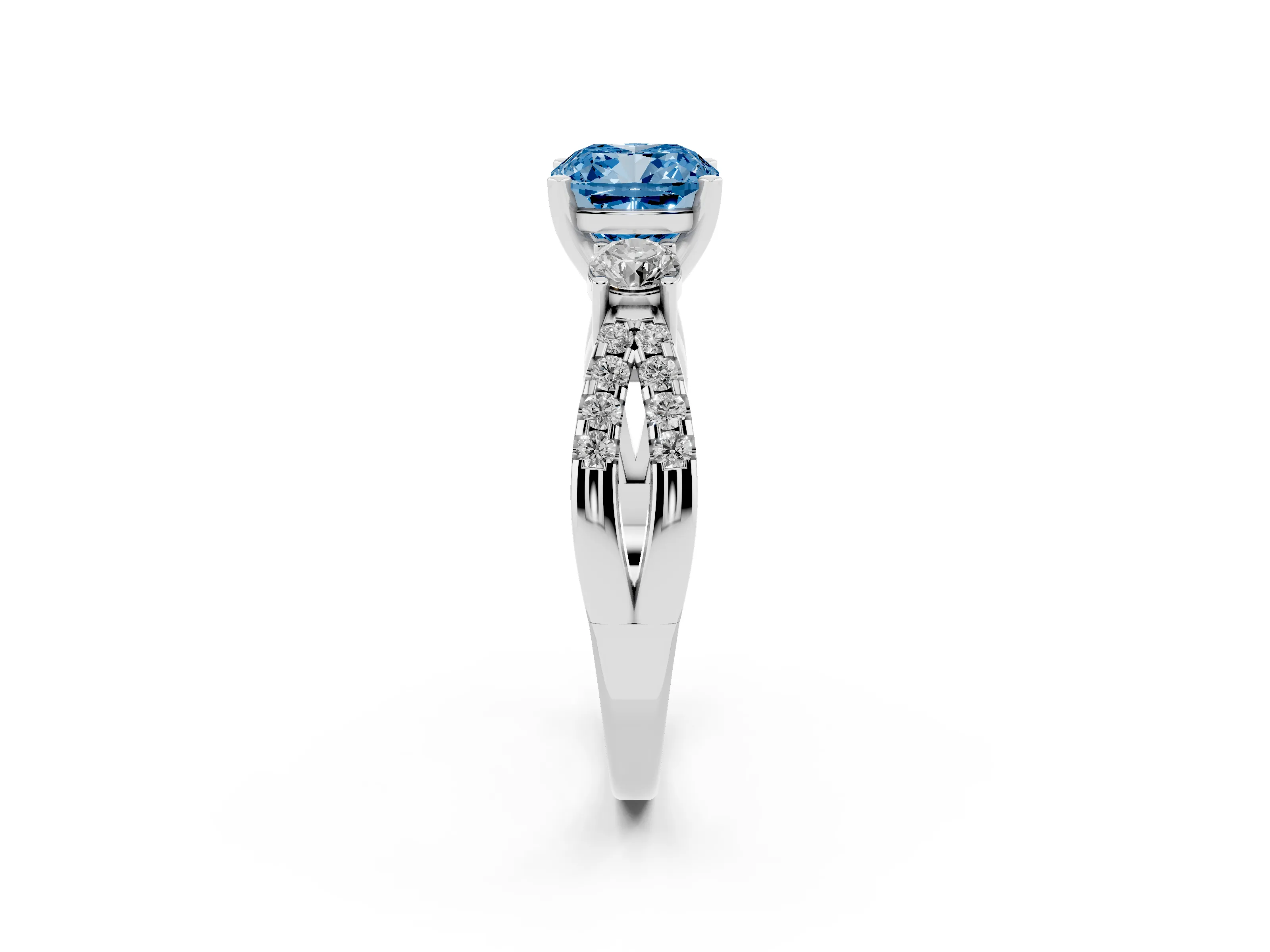 Fancy Blue Cushion Cut Diamond Three-Stone Ring Set in Platinum with Pavé Split Shank and Prong Setting