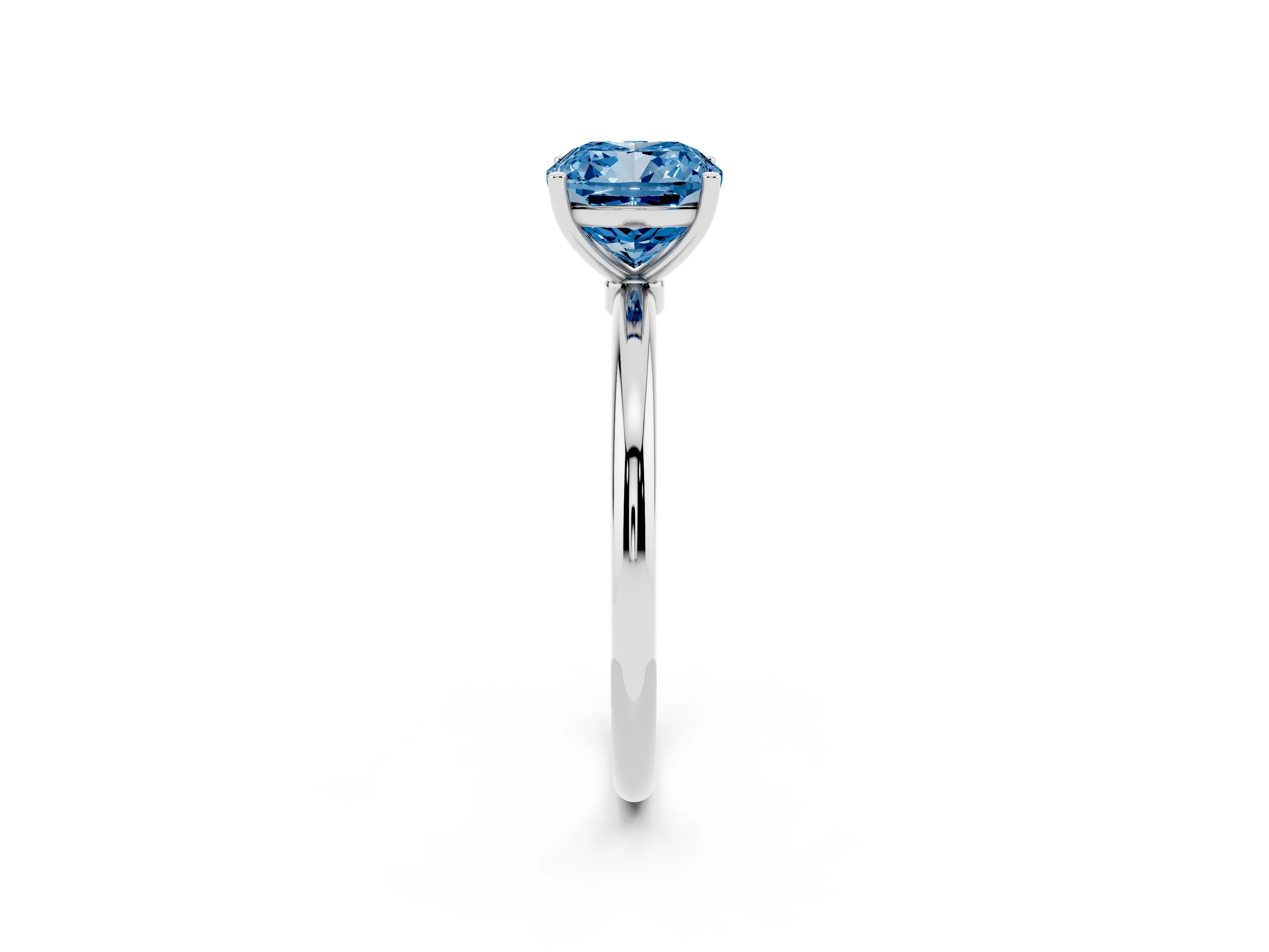 Fancy Blue Cushion Cut Diamond Solitaire Engagement Ring Set in Platinum with Thin Band and Prong Setting