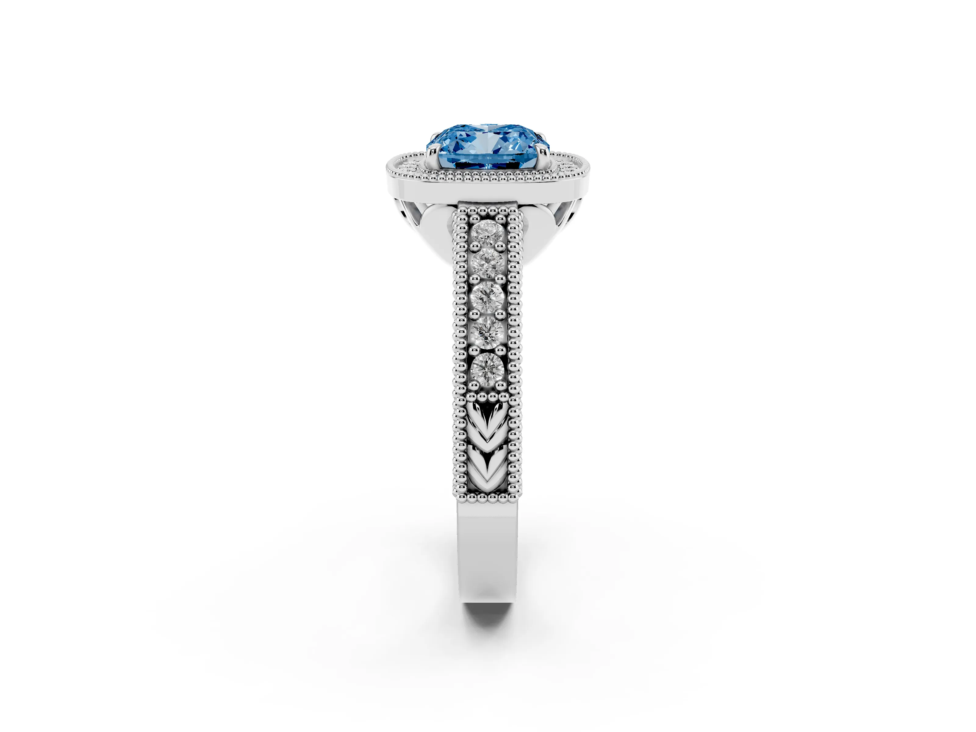Fancy Blue Cushion Cut Diamond Halo Ring Set in Platinum with Round Accent Halo, Pavé Band and Prong Setting