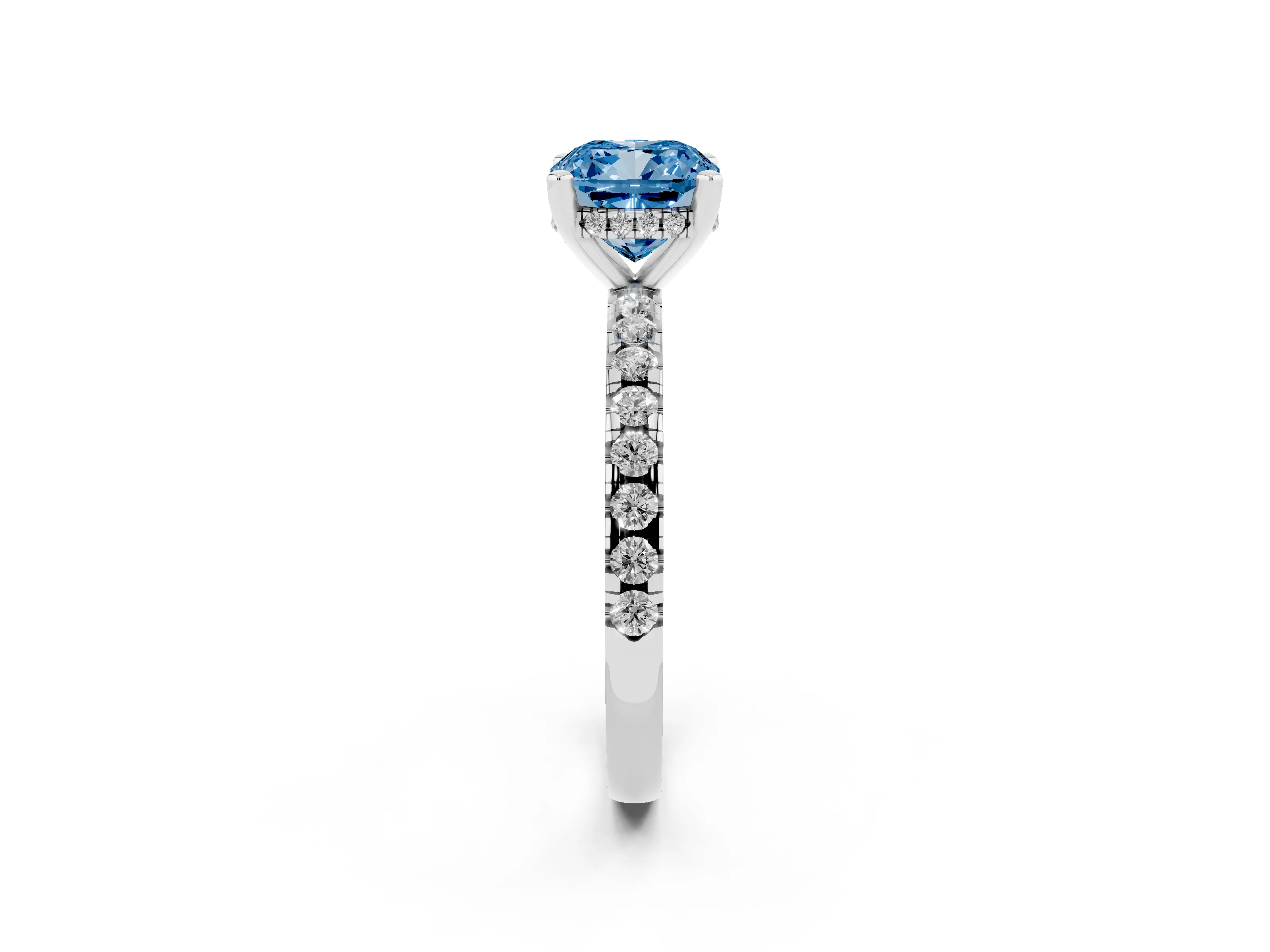 Fancy Blue Cushion Cut Diamond Pavé Solitaire Ring Set in White gold with Round Band Accents and Prong Setting