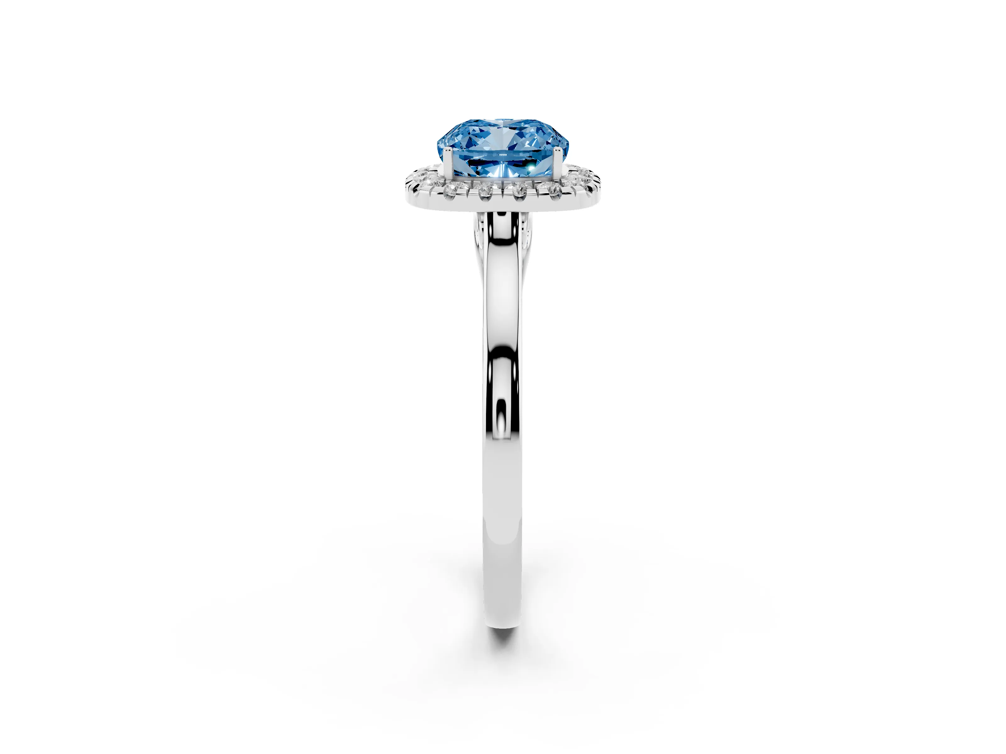 Fancy Blue Cushion Cut Halo Round Diamond Solitaire Ring Set in Platinum with Pavé Band and Prong Setting