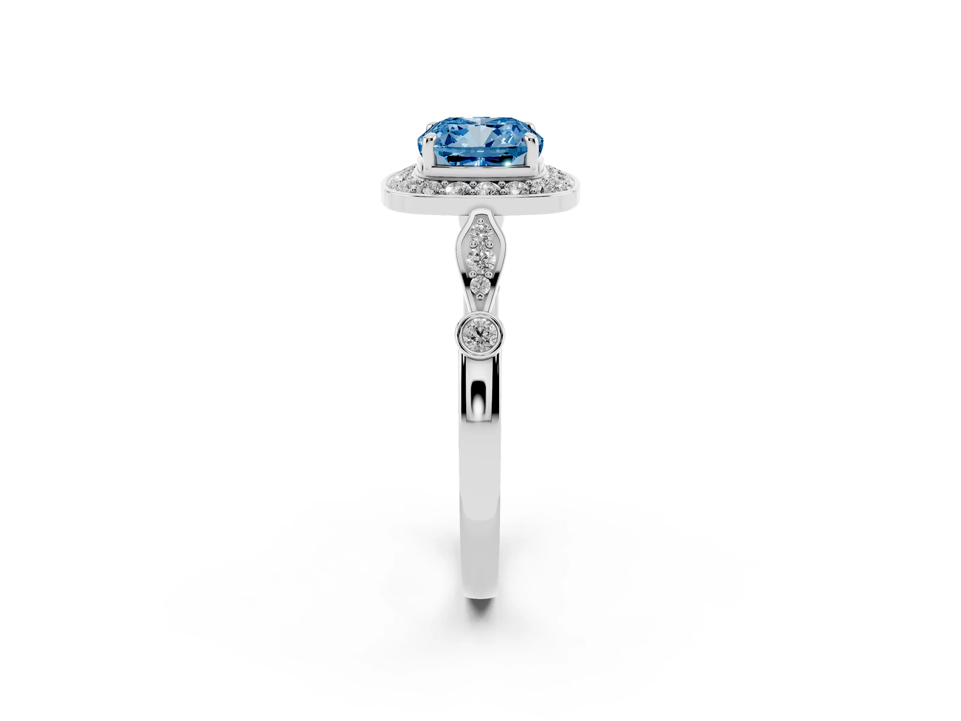 Fancy Blue Cushion Cut Diamond Halo Engagement Ring Set in Platinum with Twisted Band and Prong Setting
