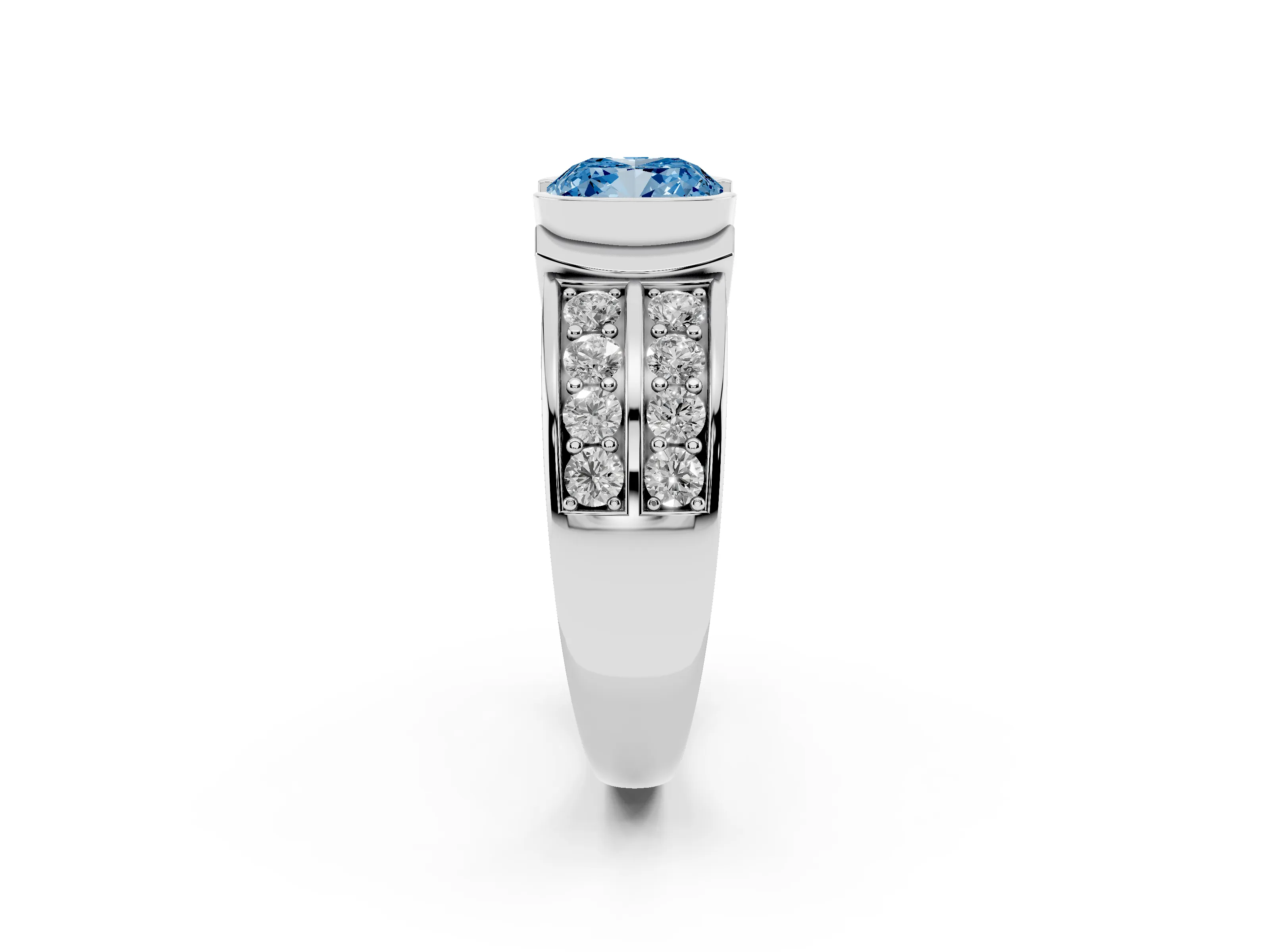 Fancy Blue Cushion Cut Diamond Wide Channel Set Band Ring Set in Platinum with Bezel Setting