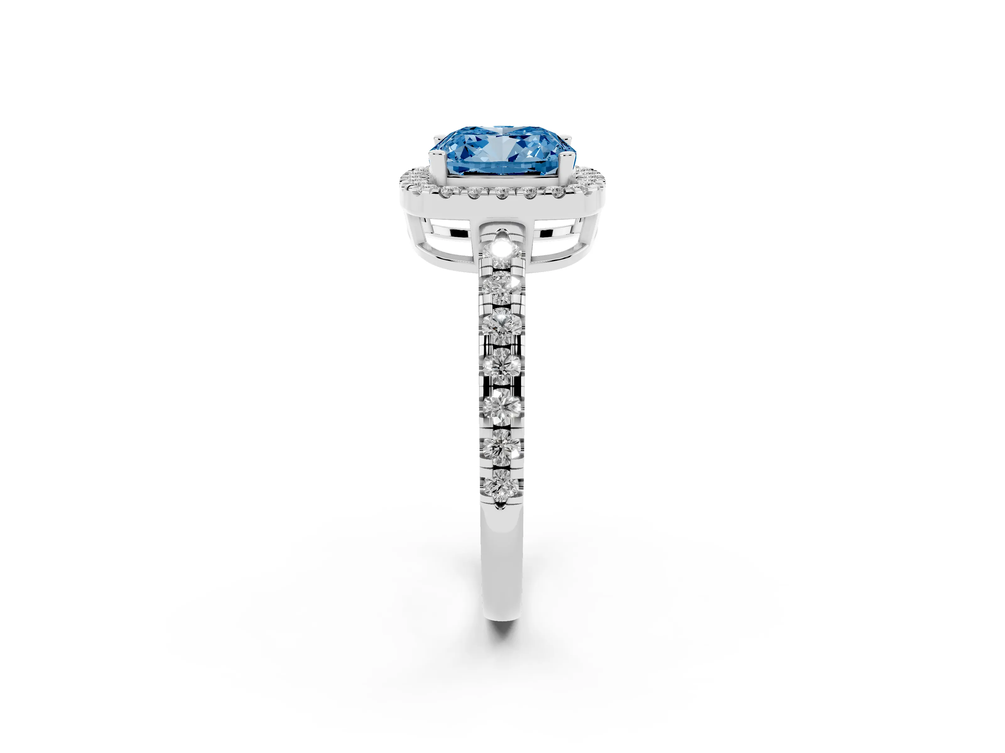 Fancy Blue Cushion Cut Diamond Halo Ring Set in White gold with Delicate Pavé Band and Prong Setting