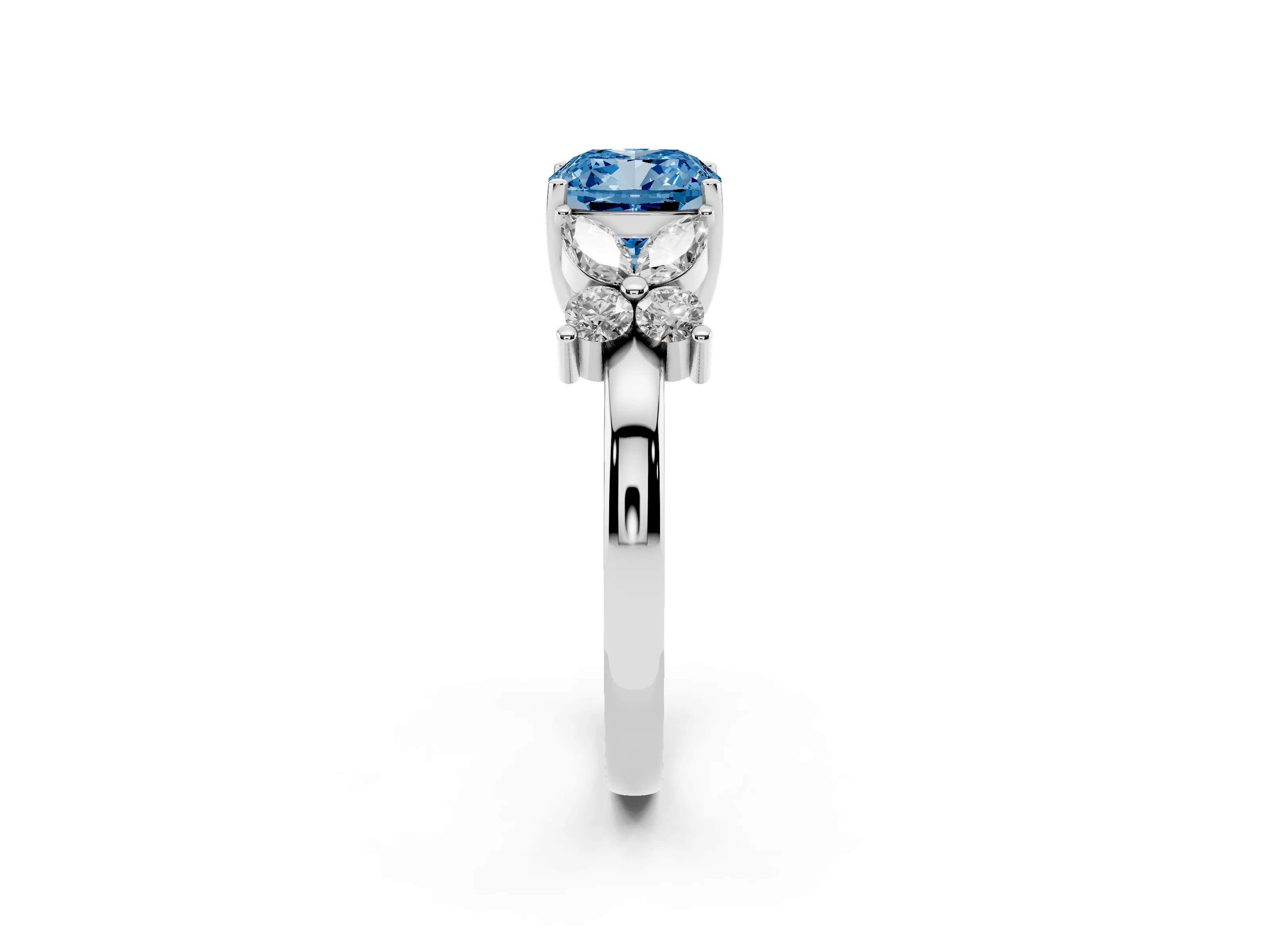 Fancy Blue Cushion Cut Diamond Floral Cluster Ring Set in Silver with Marquise Petals and Prong Setting