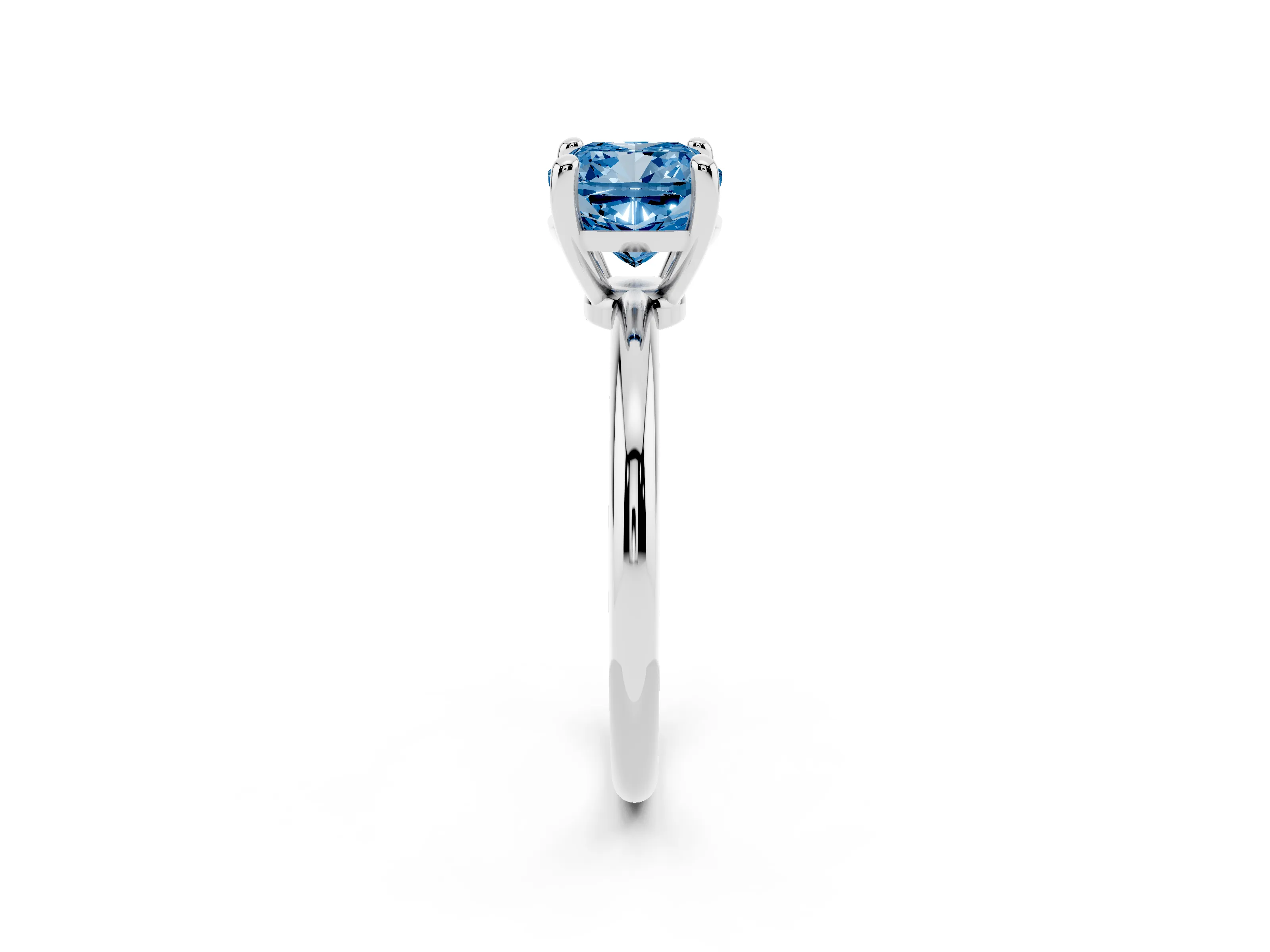 Fancy Blue Cushion Cut Diamond Solitaire Ring Set in White gold with Secure Prong Setting on a Classic Band