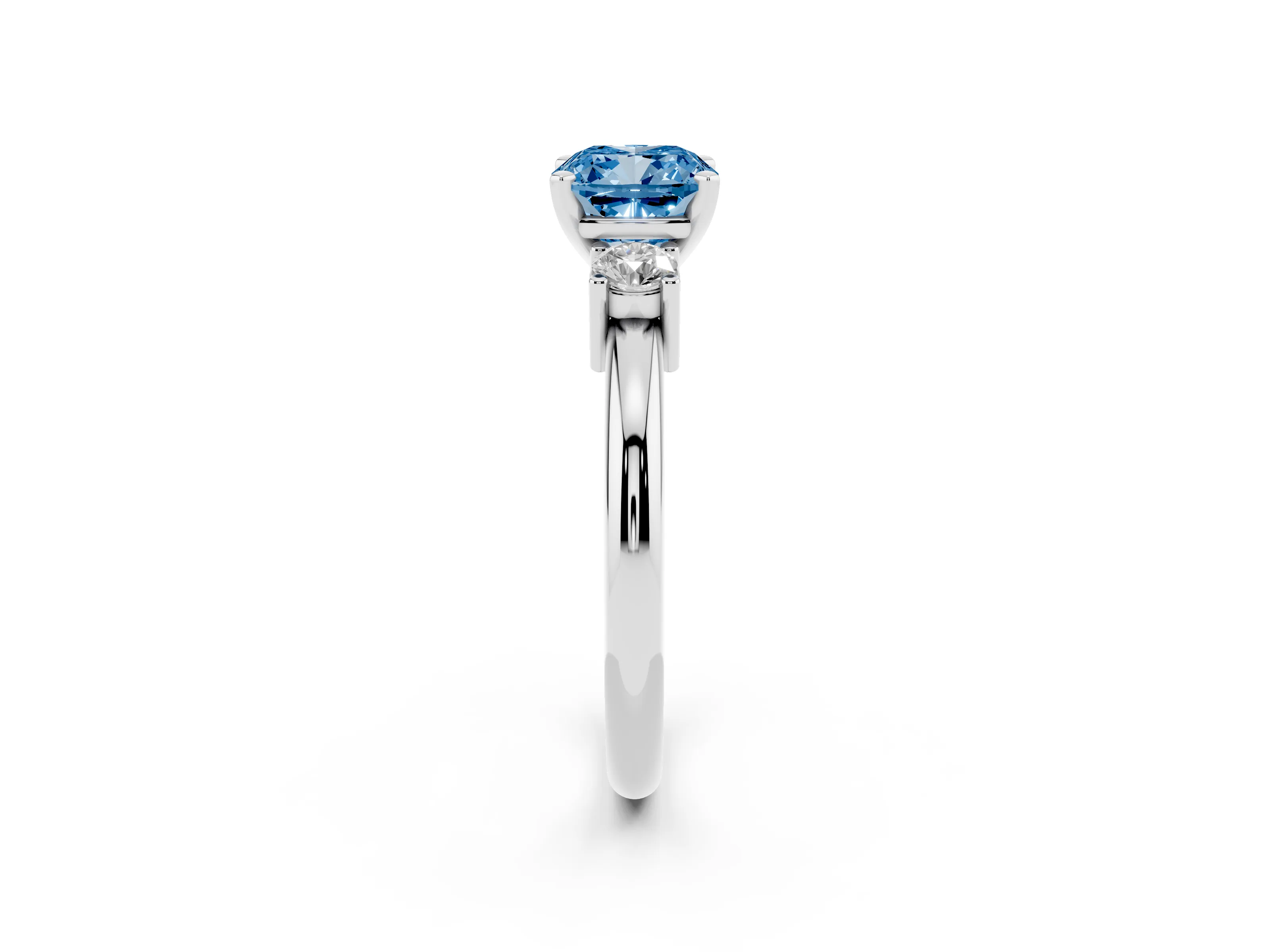 Fancy Blue Three-Stone Cushion Cut Diamond Ring Set in Silver with Prong Setting and Plain Band