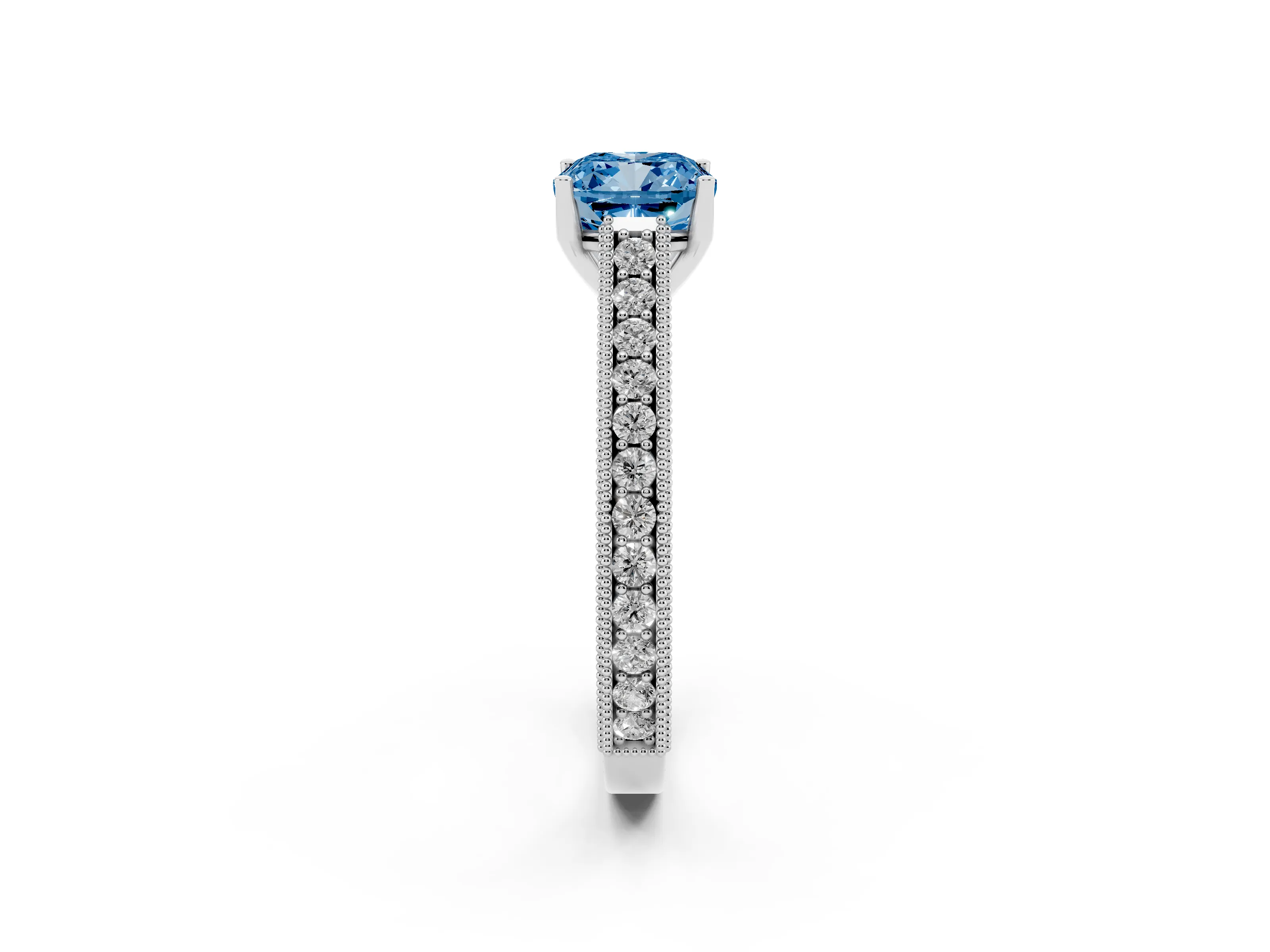 Fancy Blue Cushion Cut Diamond Milgrain Pavé Band Solitaire Ring Set in White gold with Prong Setting
