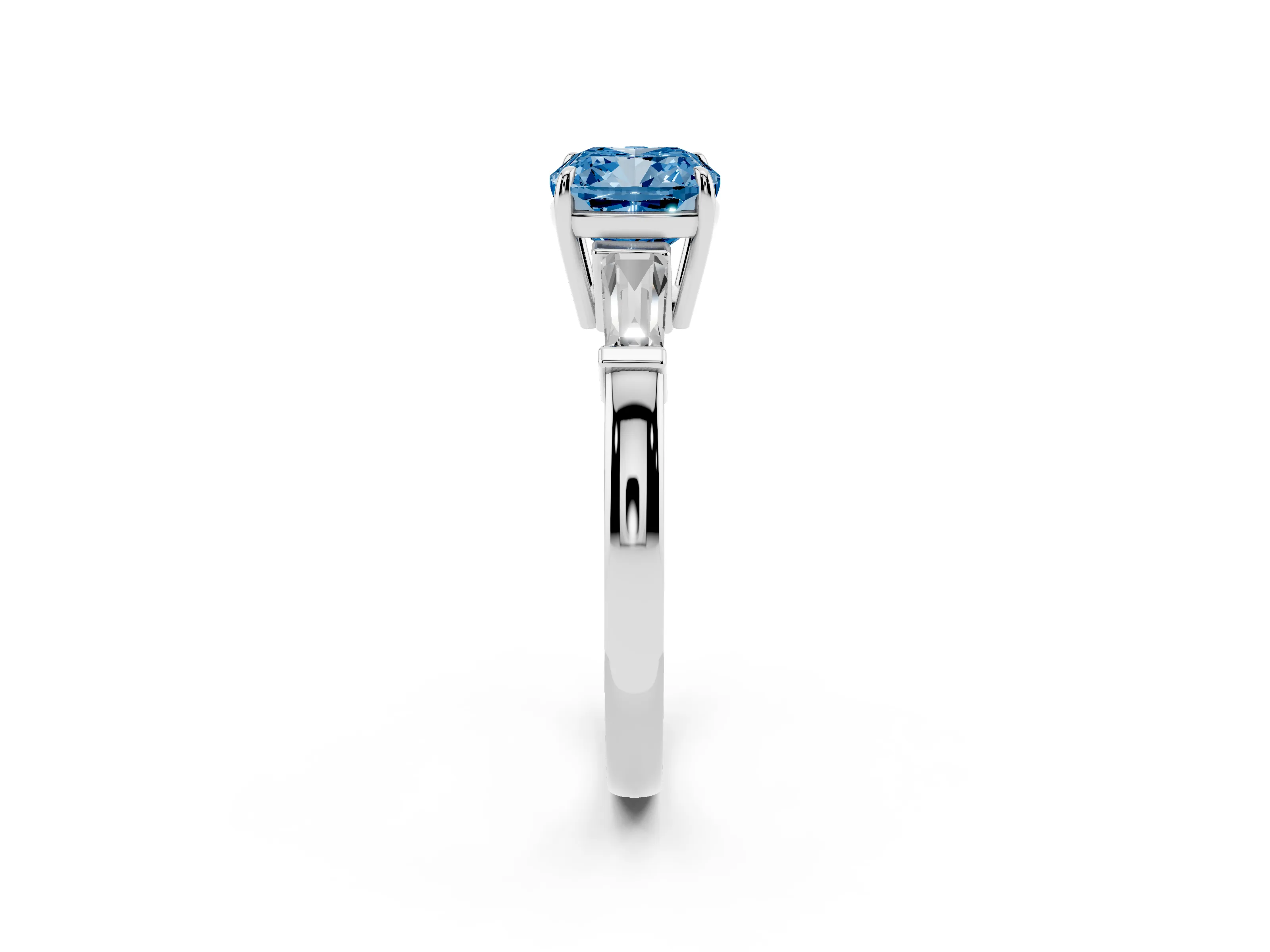 Fancy Blue Cushion Cut Diamond Three-Stone Ring Set in Platinum with Tapered Baguette Side Stones and Prong Setting