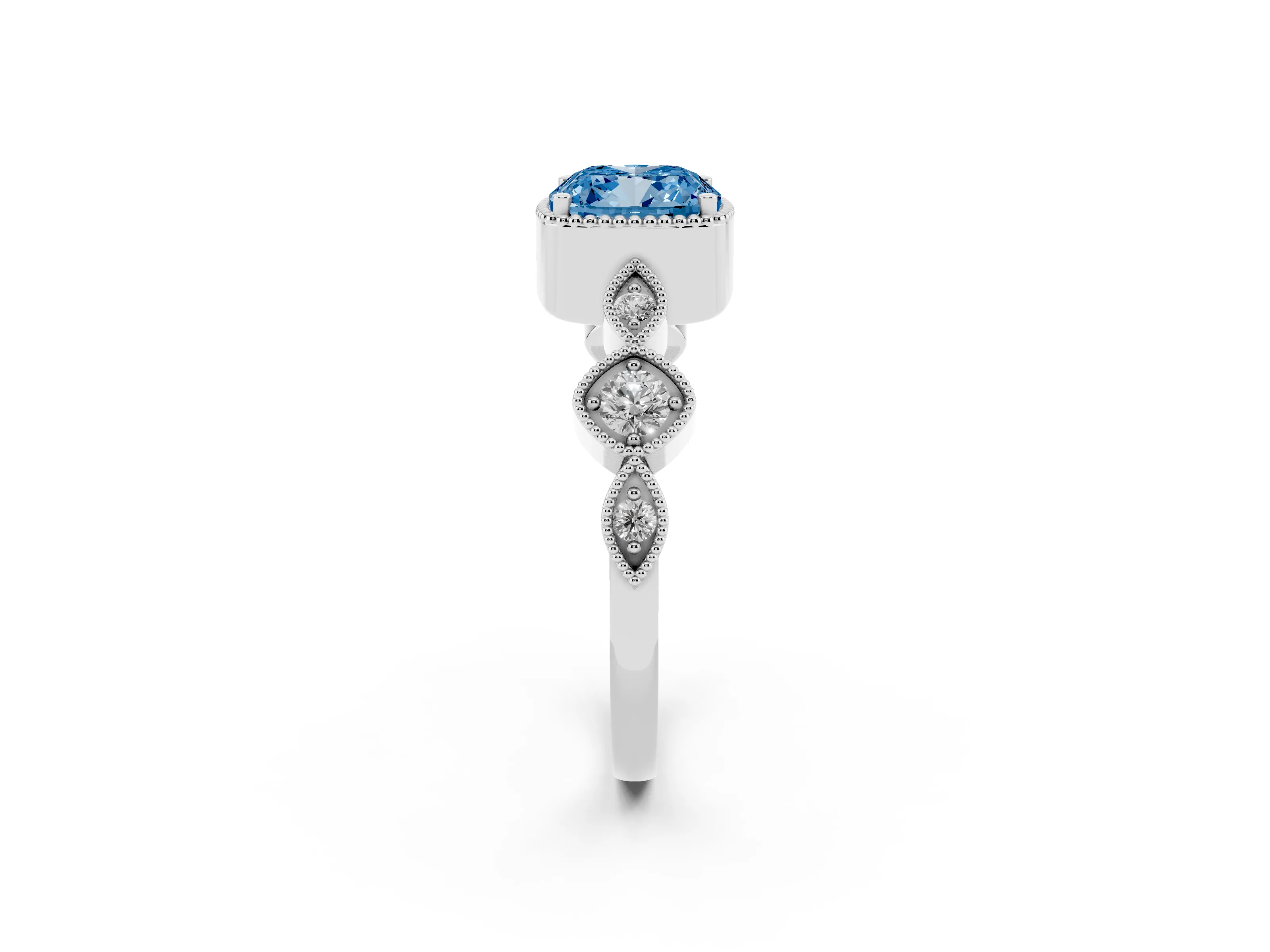 Fancy Blue Cushion Cut Diamond Vintage-Inspired Milgrain Ring Set in White gold with Marquise Stations of Round Accents