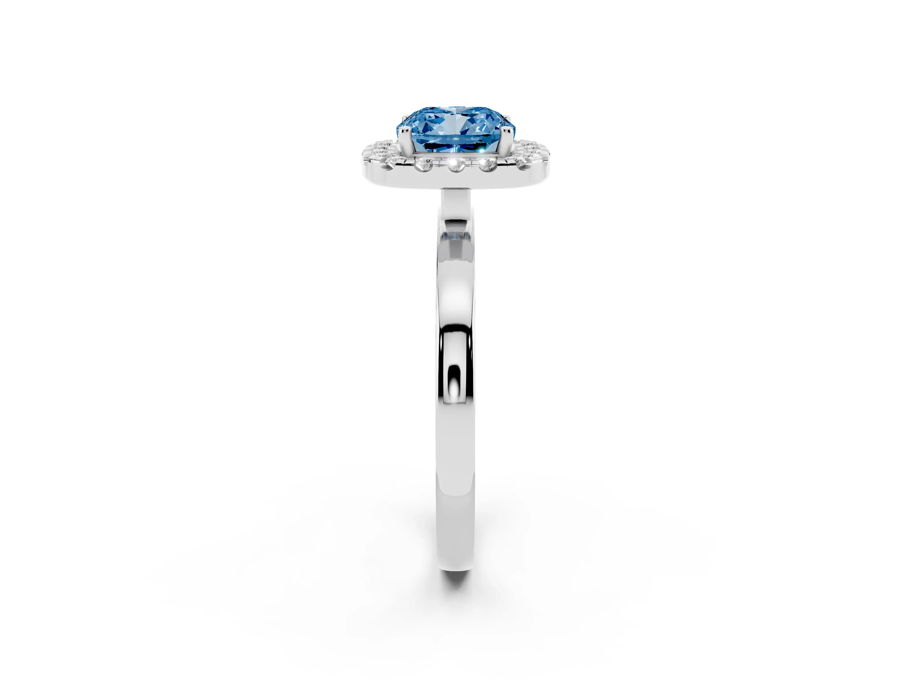 Fancy Blue Cushion Cut Diamond Halo Solitaire Ring Set in White gold with Pavé Band and Prong Setting