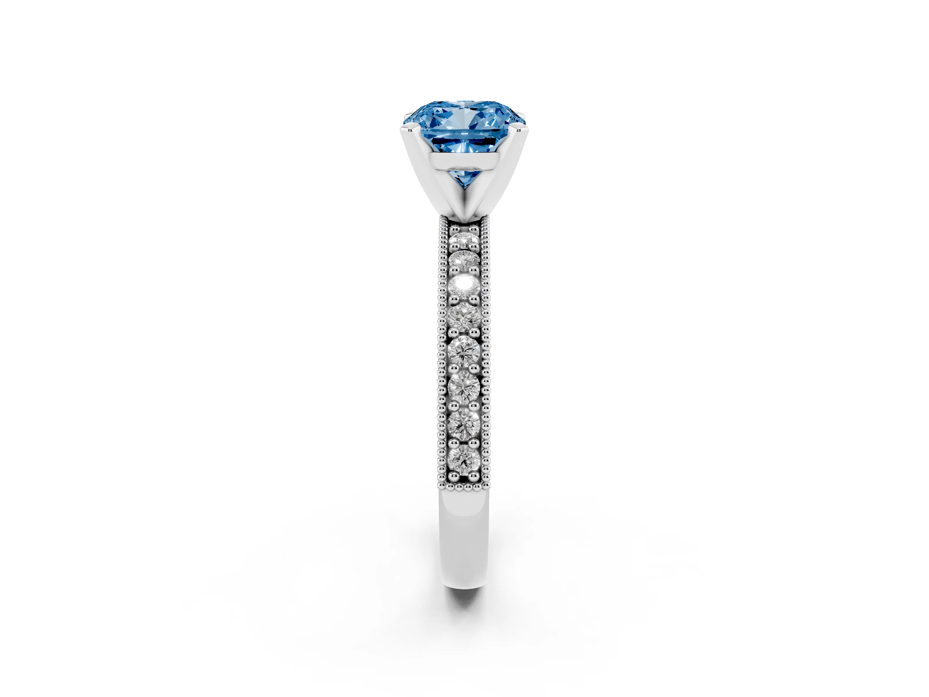 Fancy Blue Cushion Cut Diamond Milgrain Pavé Engagement Ring Set in White gold with Prong Setting