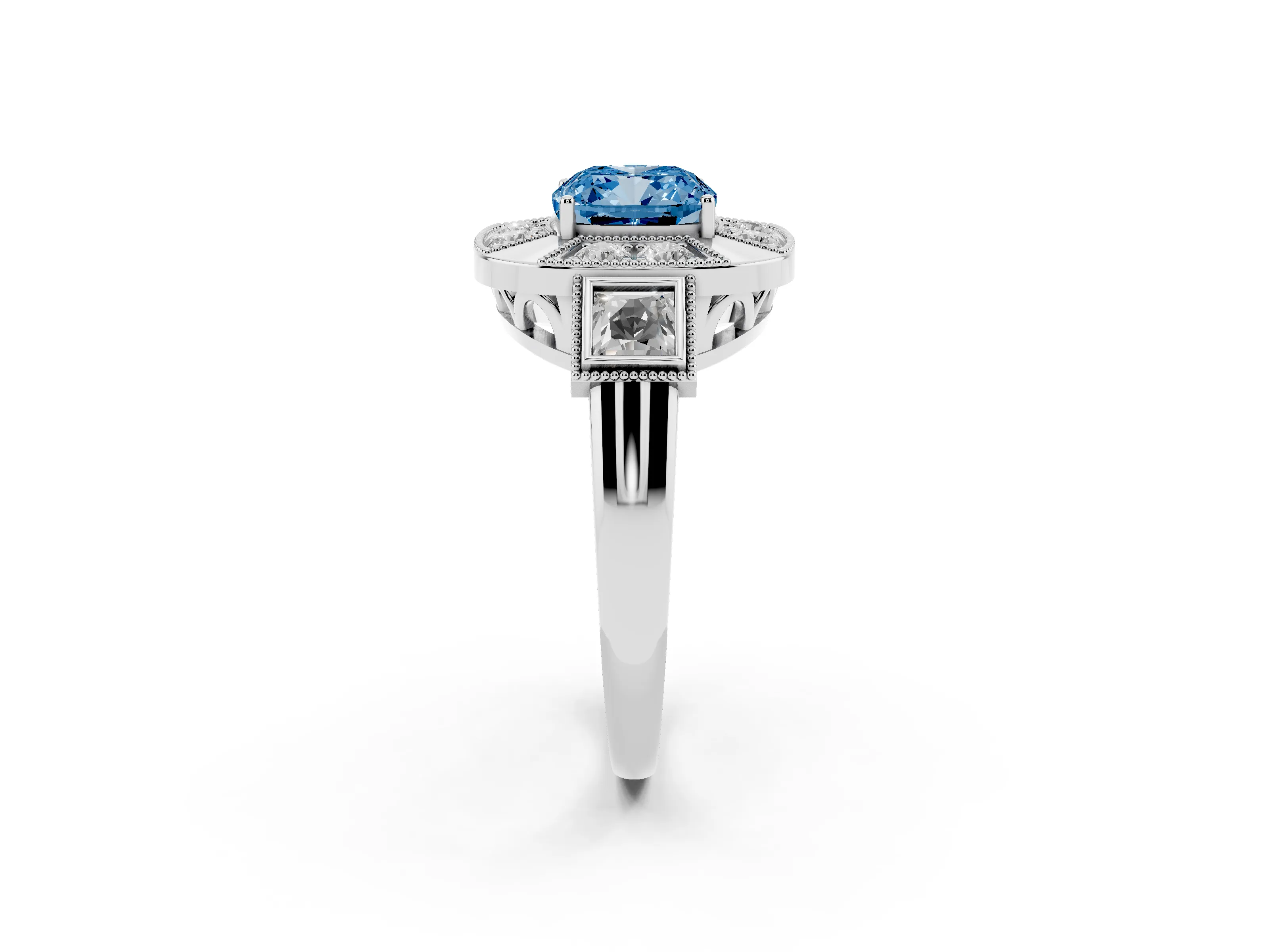 Fancy Blue Cushion Cut Diamond Milgrain Halo Ring Set in Platinum with Split Shank