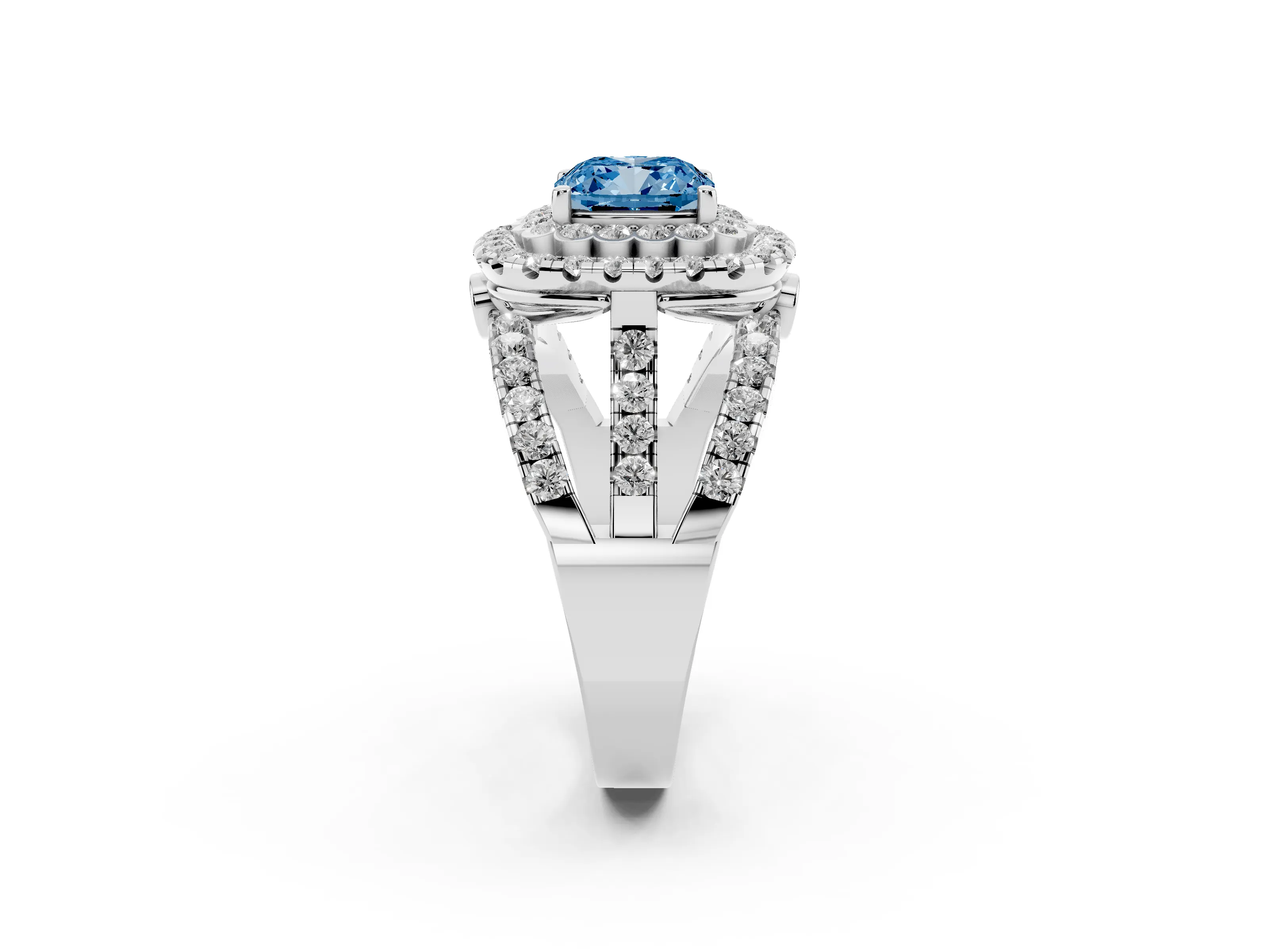 Fancy Blue Cushion Cut Diamond Double Halo Ring Set in Silver with Round Pavé Split Shank