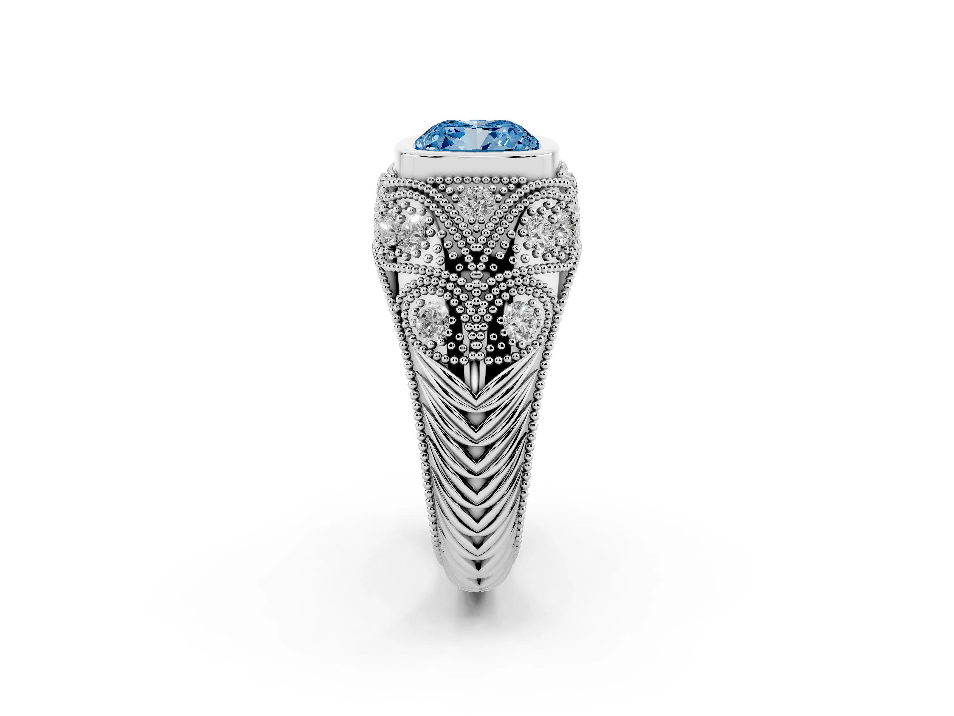Fancy Blue Cushion Cut Diamond Bezel Ring Set in Silver with Milgrain Accent Band