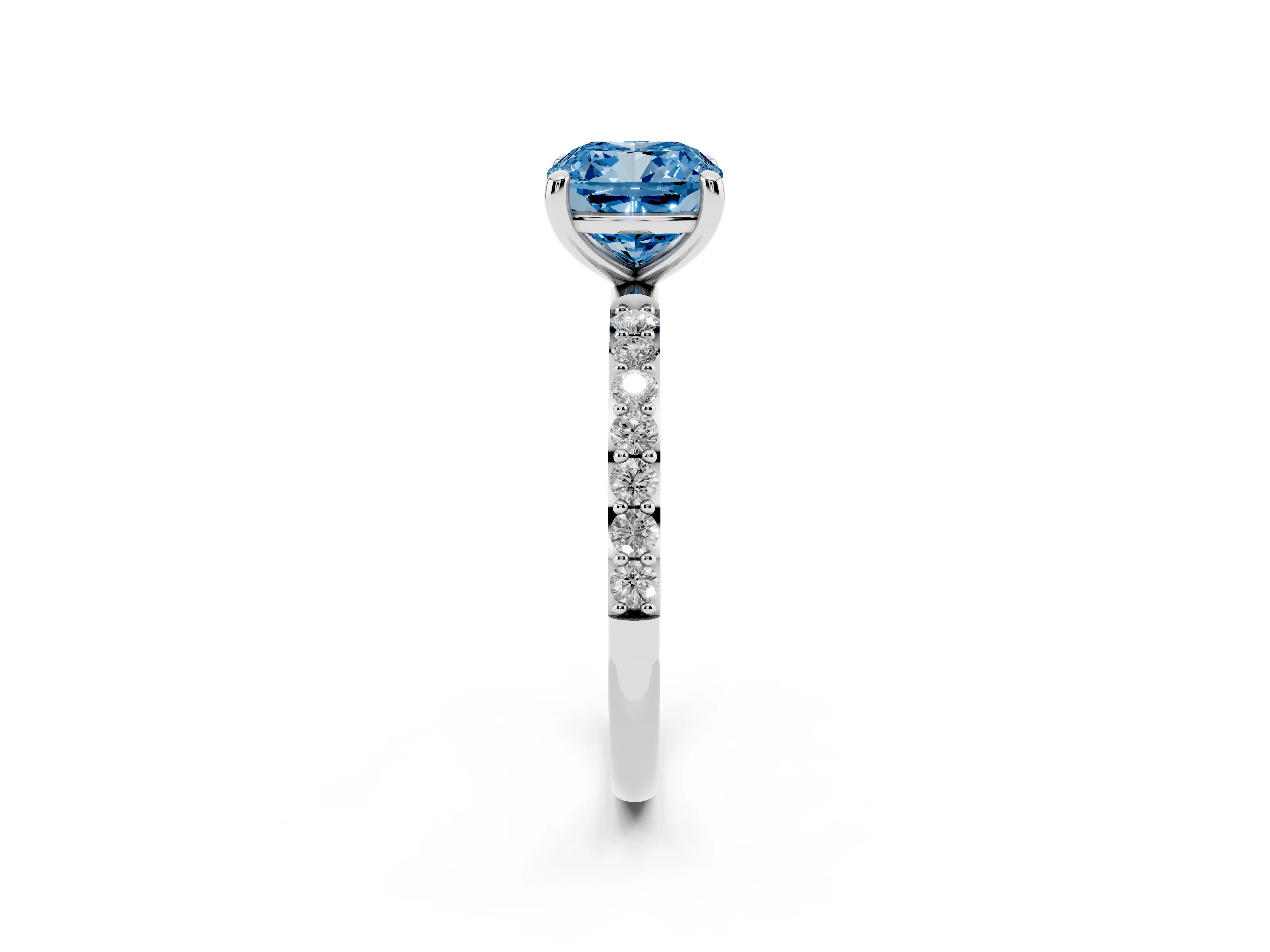Fancy Blue Cushion Cut Diamond Solitaire Ring Set in Platinum with Round Pavé Band and Prong Setting