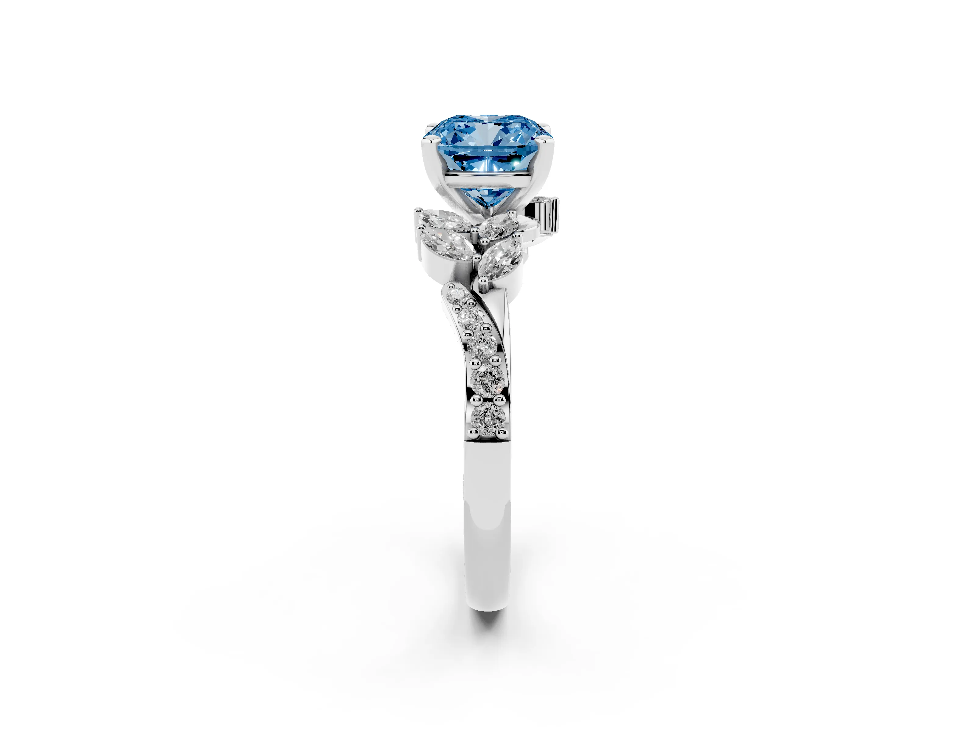 Fancy Blue Cushion Cut Diamond Solitaire Ring Set in White gold with Marquise Twist Band and Prong Setting