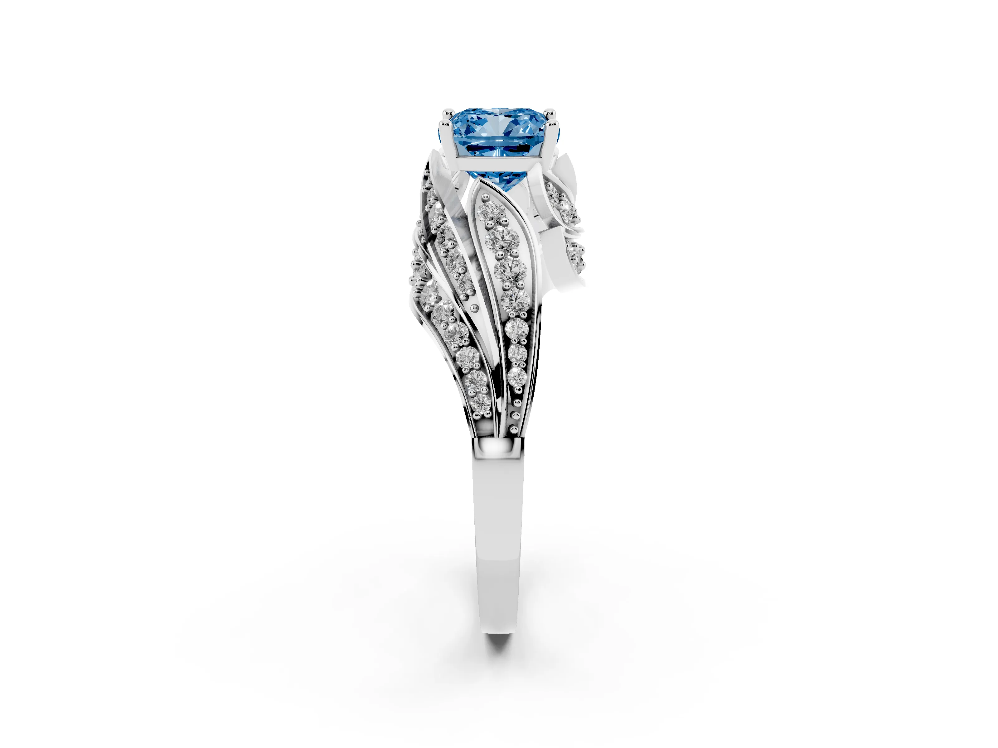 Fancy Blue Cushion Cut Diamond Solitaire Ring Set in Silver with Layered Twist Pavé Band