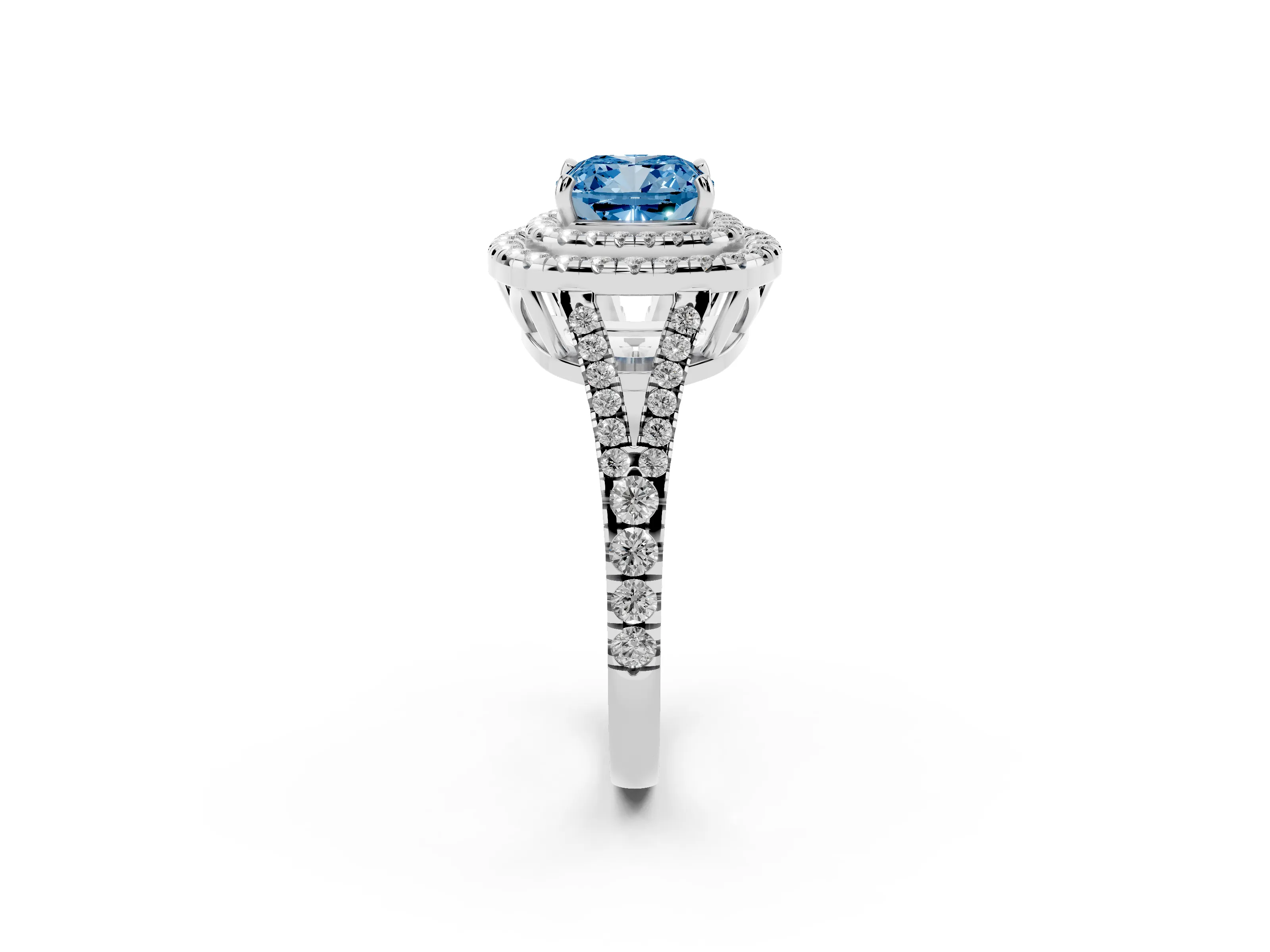 Fancy Blue Cushion Cut Diamond Double Halo Ring Set in Silver with Pavé Band