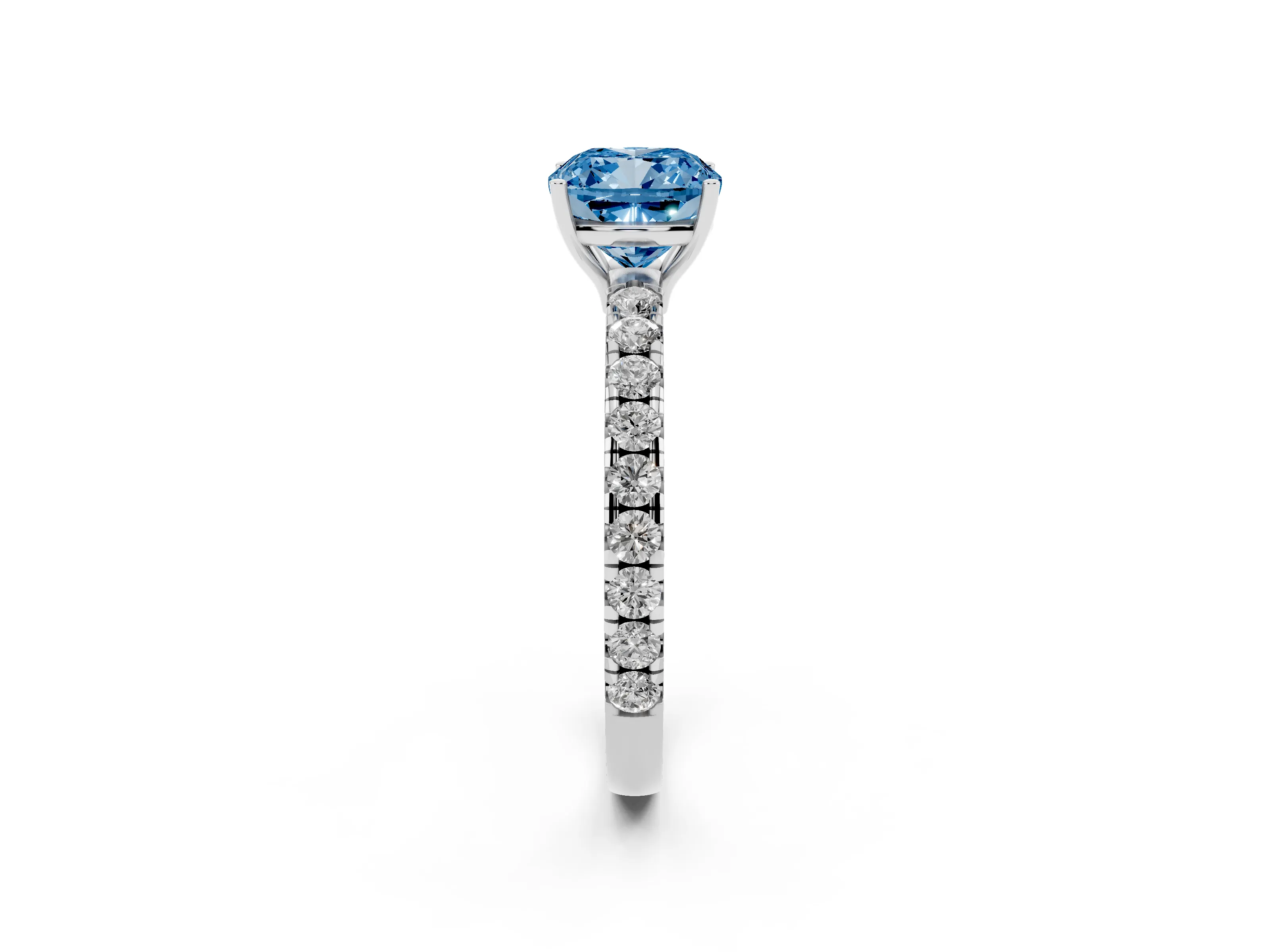 Fancy Blue Cushion Cut Diamond Pavé Solitaire Engagement Ring Set in Platinum with Prong Setting