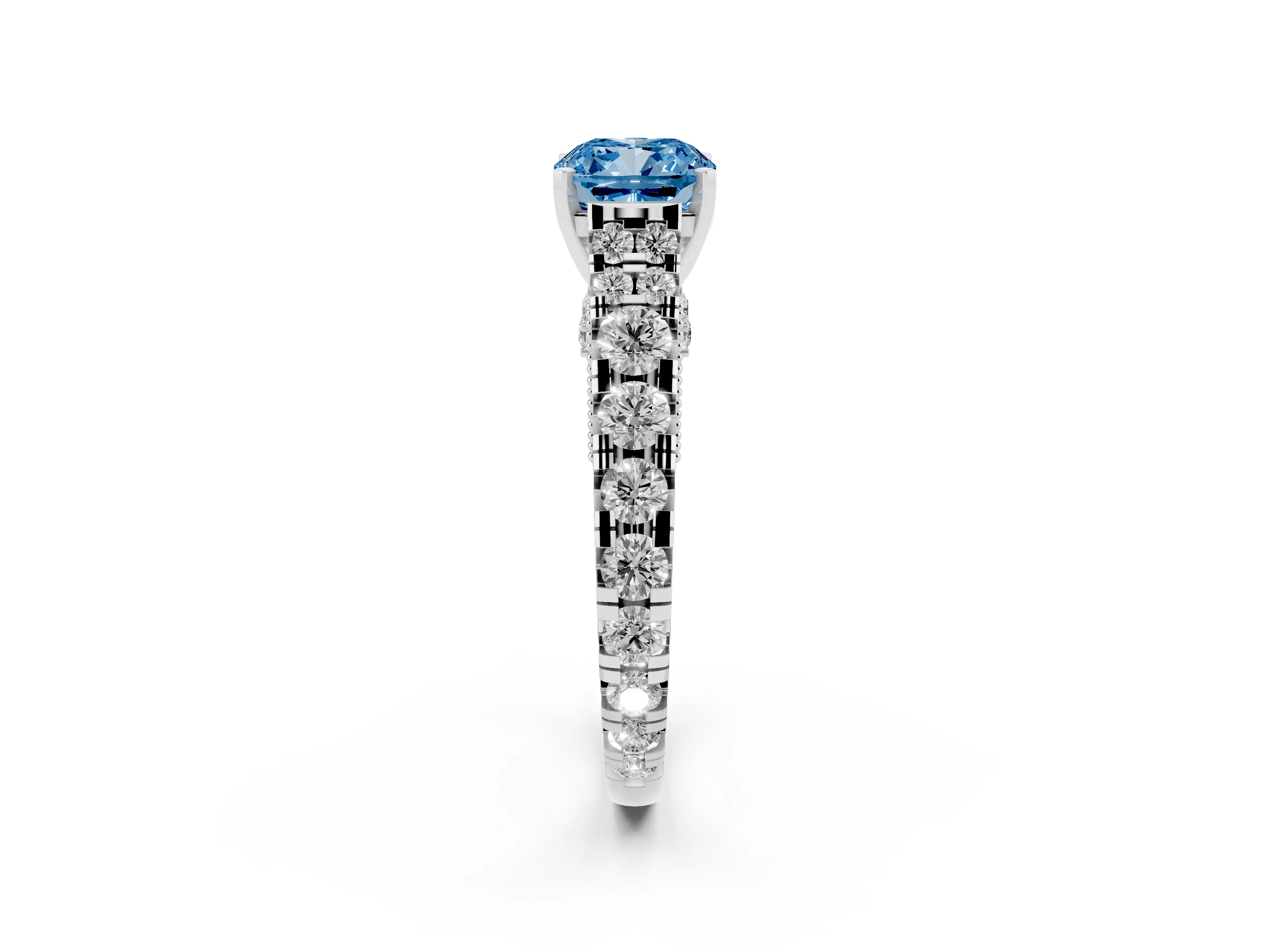 Fancy Blue Cushion Cut Diamond Classic Solitaire Ring Set in Silver with Pavé Band and Prong Setting