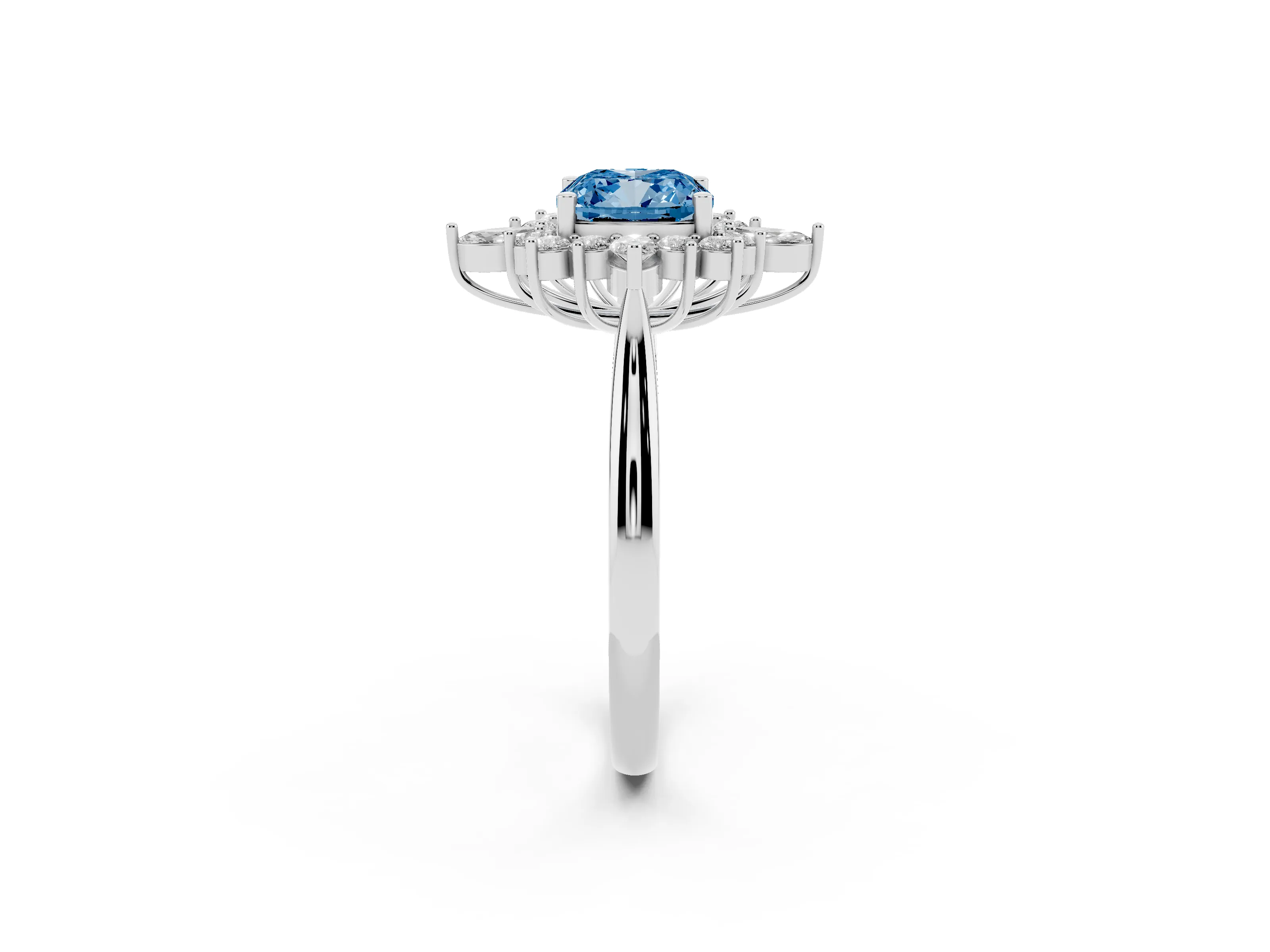 Fancy Blue Cushion Cut Diamond Cluster Halo Ring Set in Silver with Marquise and Round Accents