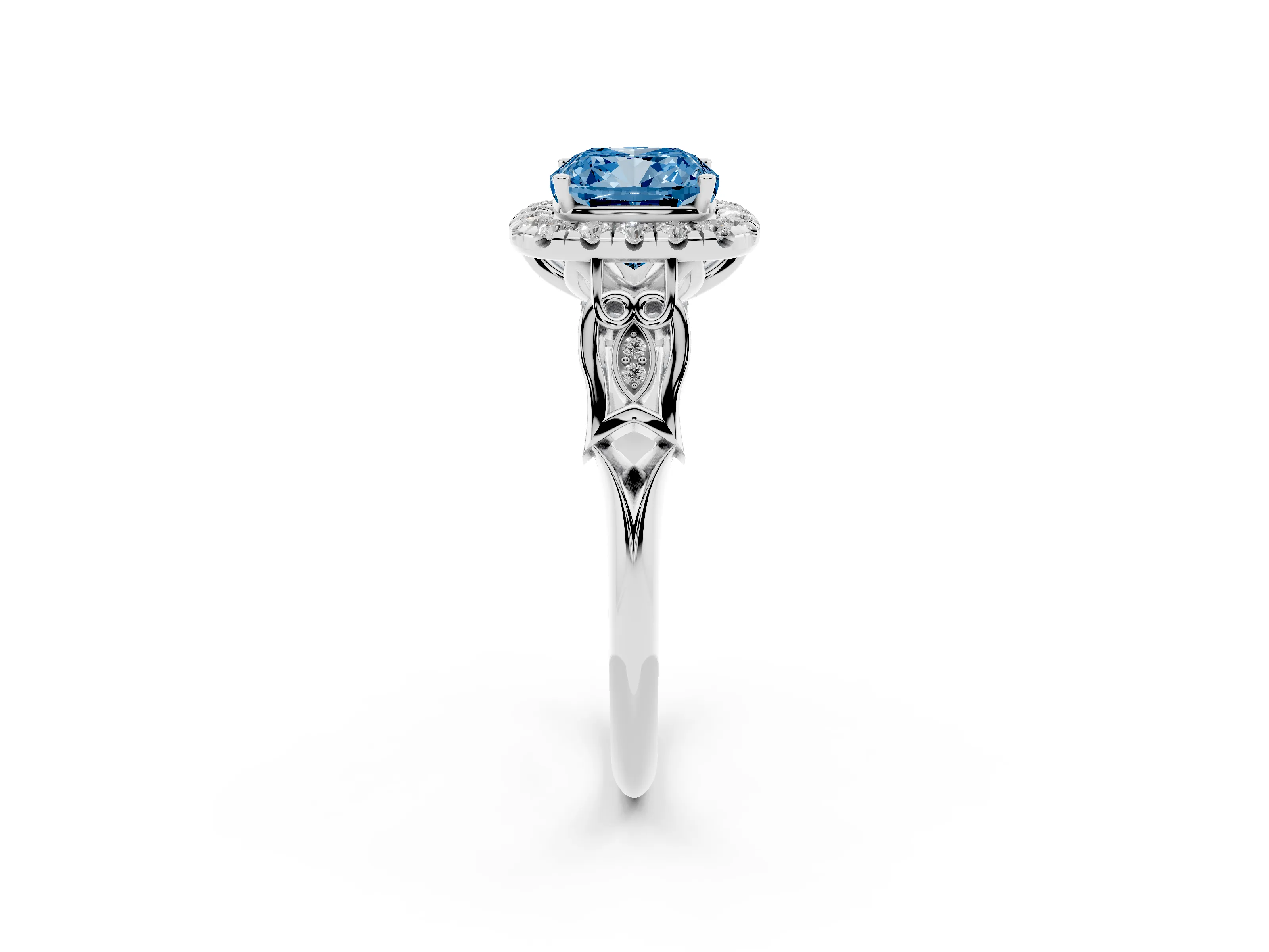 Fancy Blue Cushion Cut Diamond Halo Engagement Ring Set in Platinum with Filigree Band and Prong-Set Center