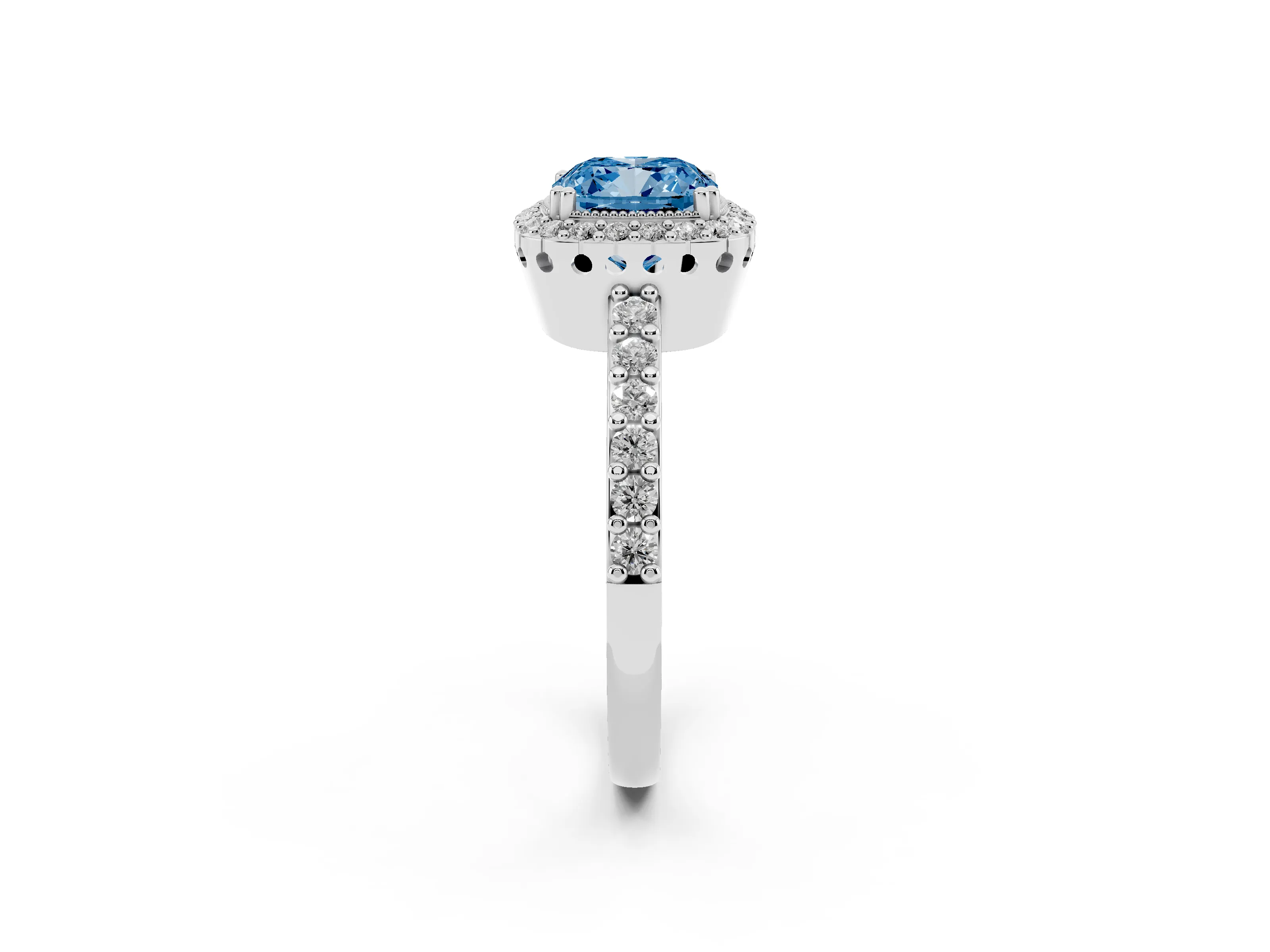 Fancy Blue Cushion Cut Diamond Halo Engagement Ring Set in Platinum with Milgrain Detail and Pavé Band