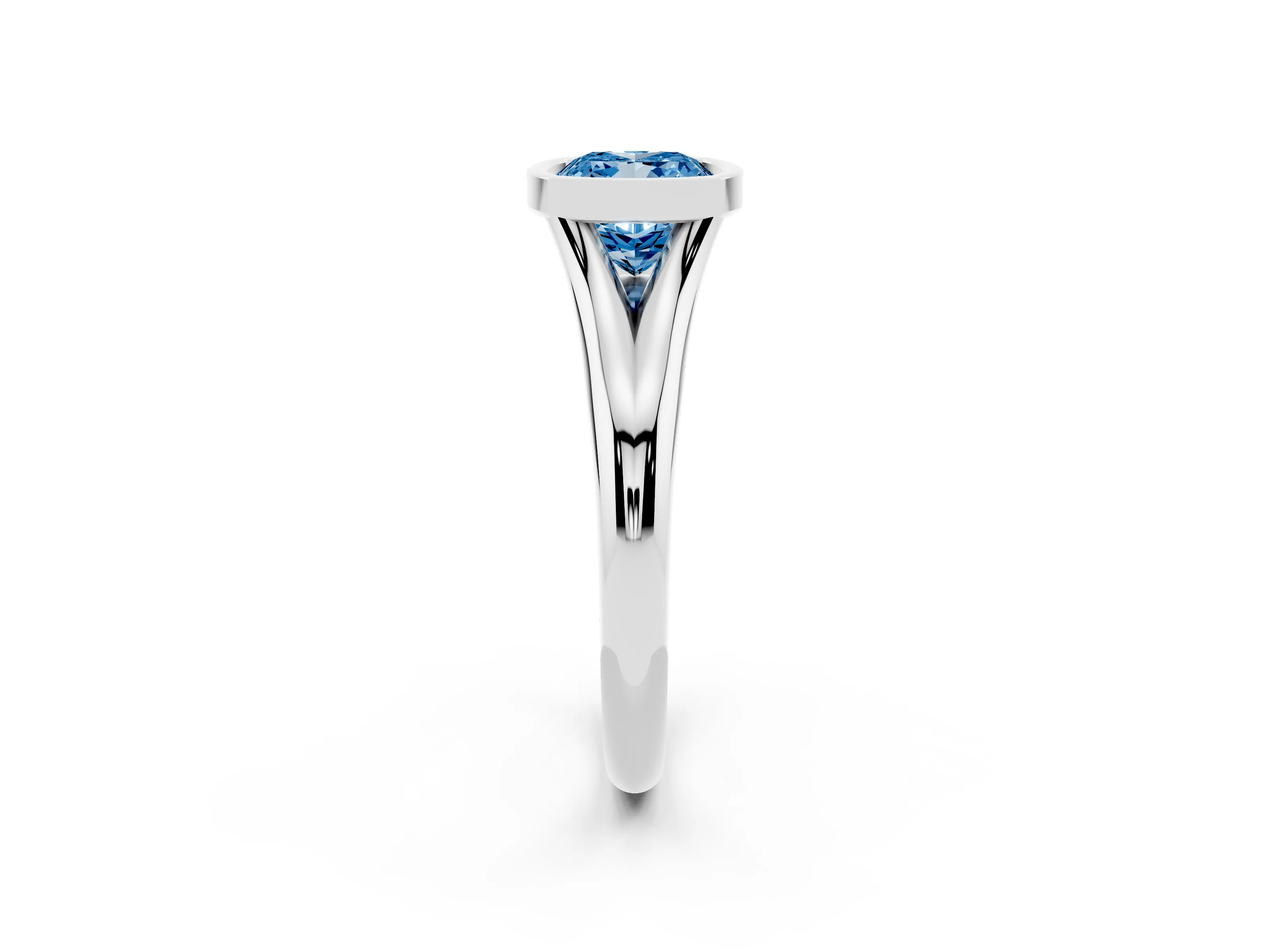 Fancy Blue Bezel Set Cushion Cut Diamond Solitaire Ring Set in Platinum with Smooth Band