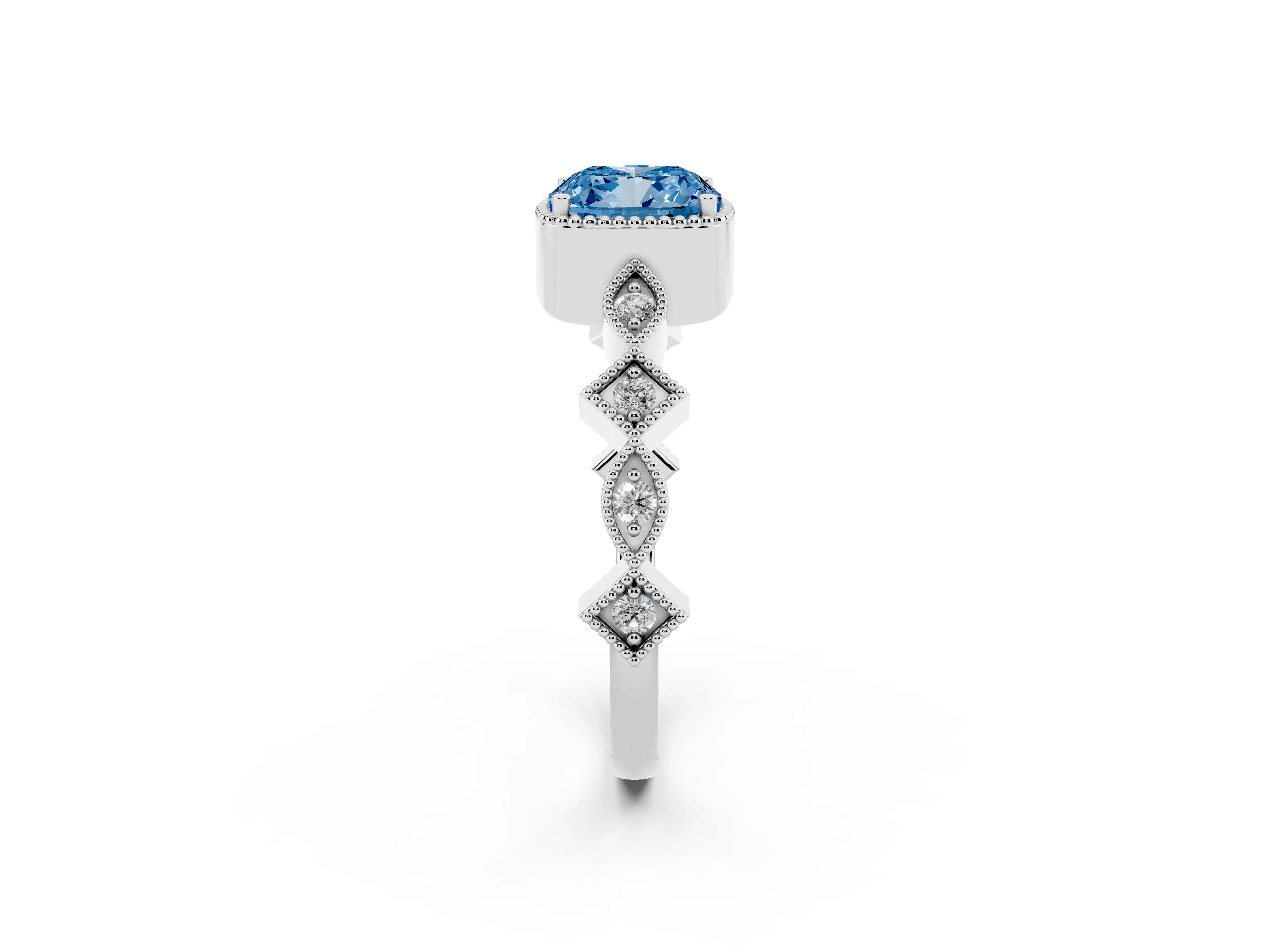 Fancy Blue Cushion Cut Diamond Milgrain Marquise Twist Band Ring Set in Platinum with Prong Setting