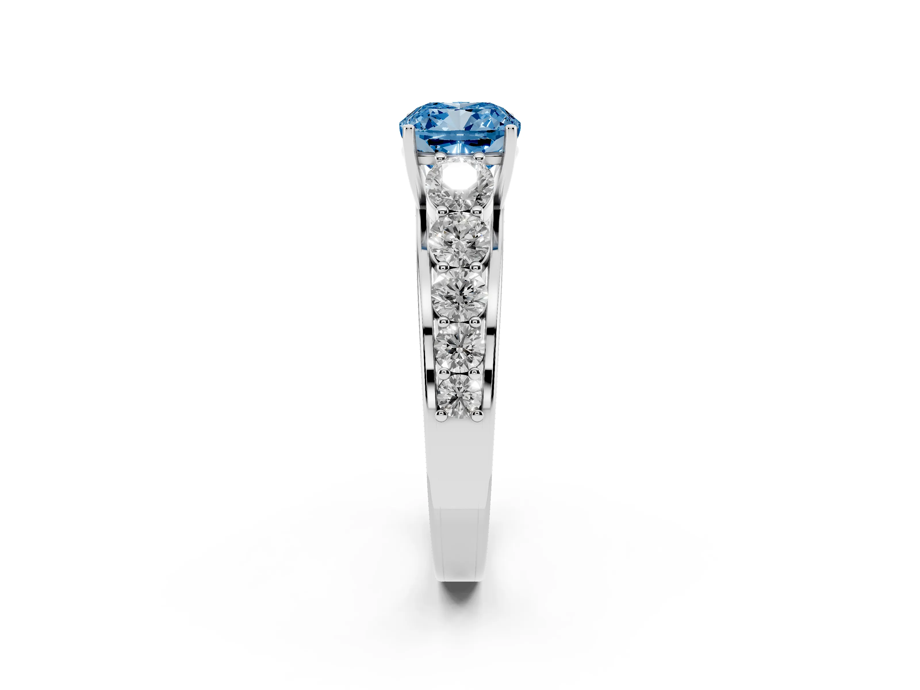 Fancy Blue Cushion Cut Diamond Solitaire Ring Set in Platinum with Pavé-Set Band and Prong Setting
