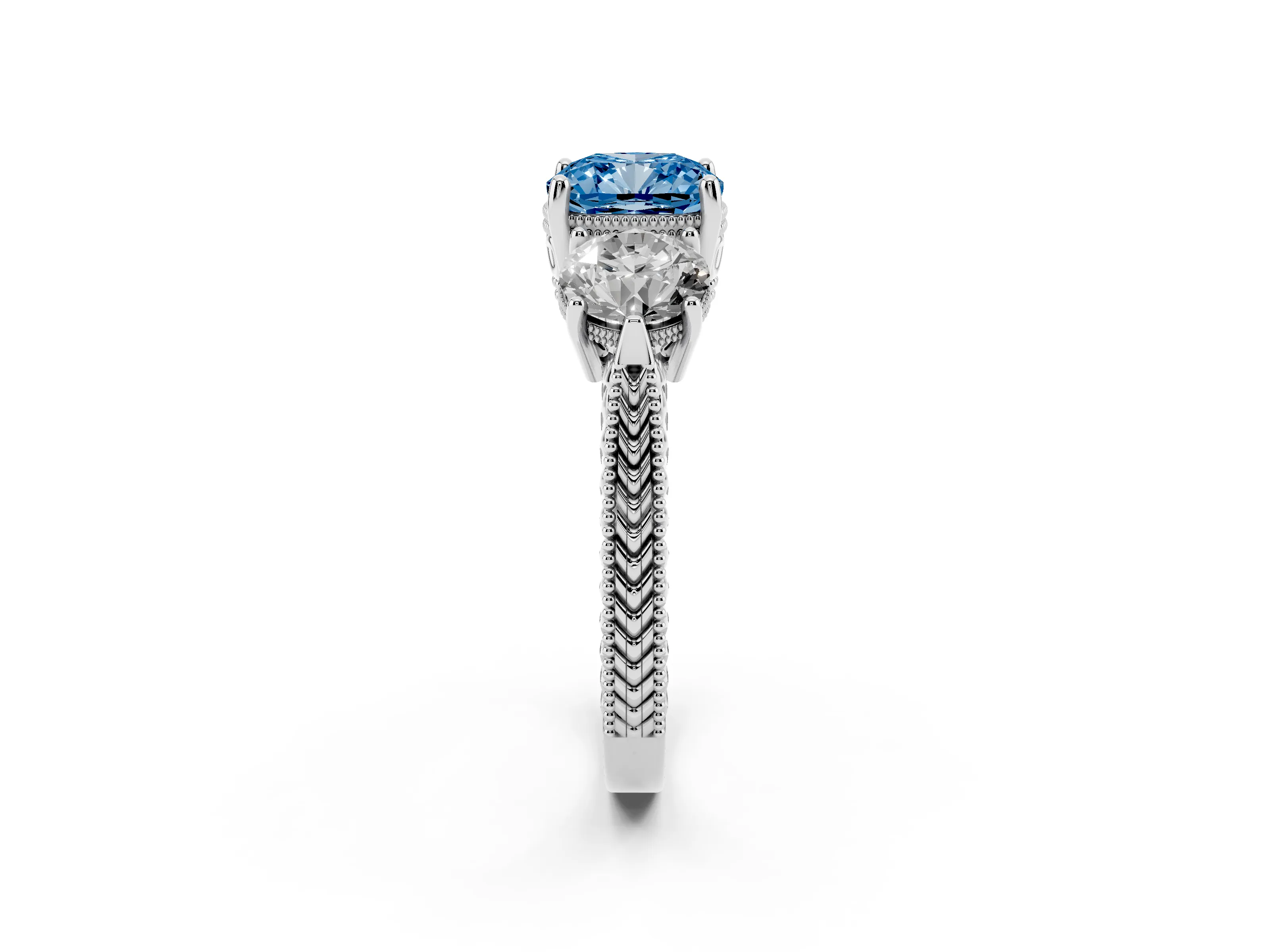 Fancy Blue Cushion Cut Diamond Three-Stone Ring Set in Silver with Milgrain Band