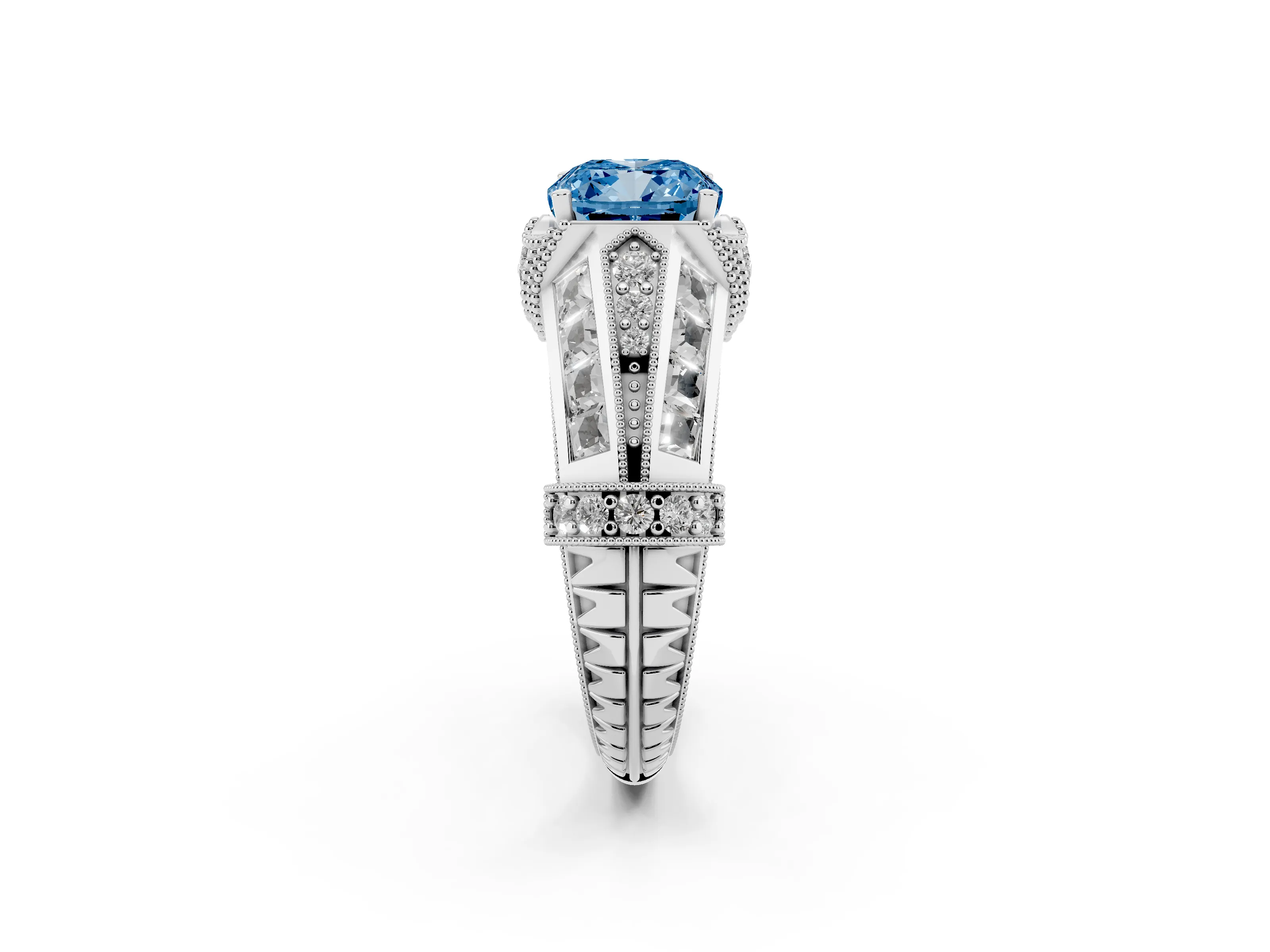 Fancy Blue Cushion Cut Diamond Vintage-Inspired Milgrain Ring Set in Silver with Accent Split Shank