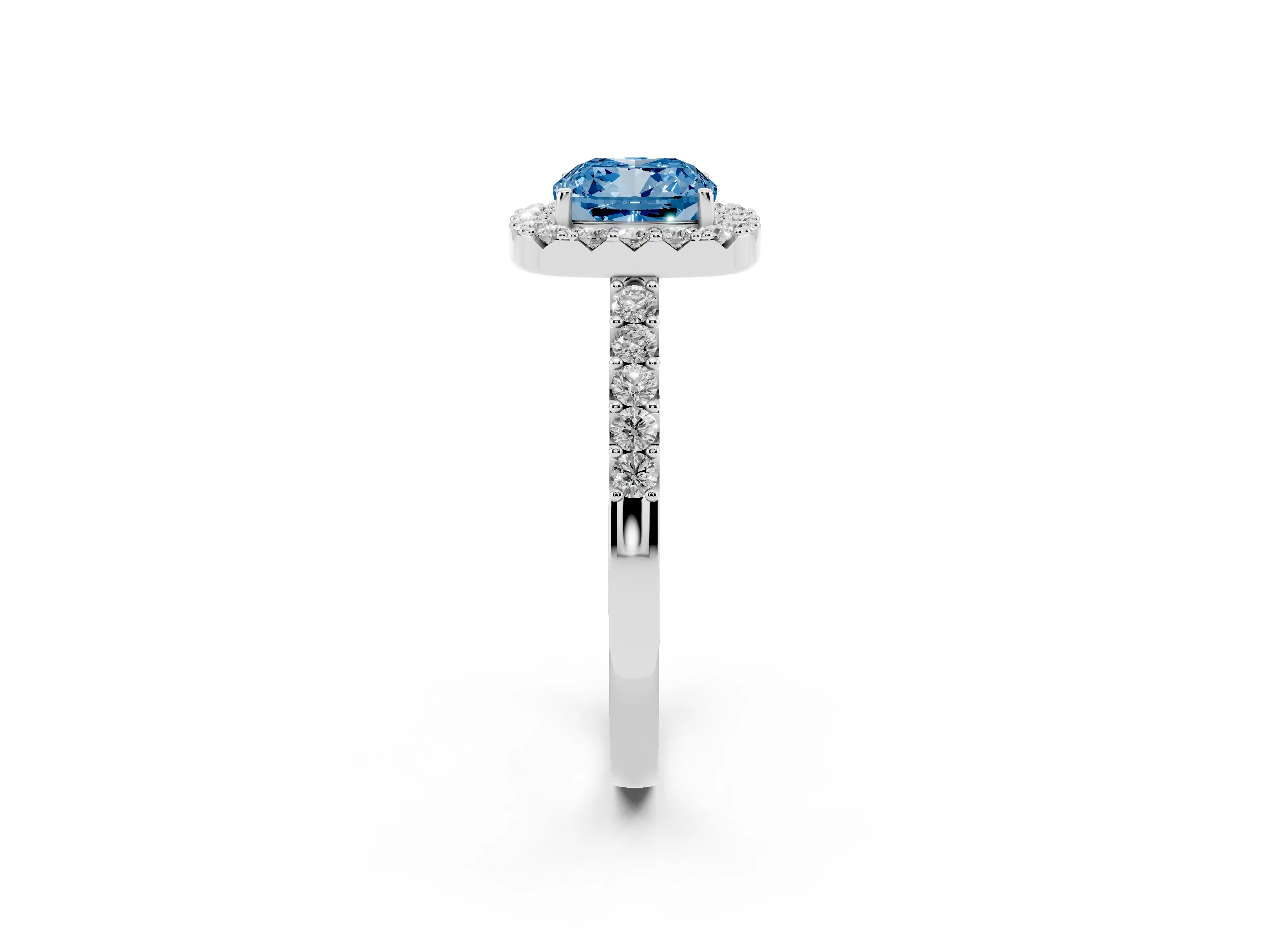 Fancy Blue Cushion Cut Diamond Halo Pavé Solitaire Ring Set in Platinum with Prong-Set Center Stone