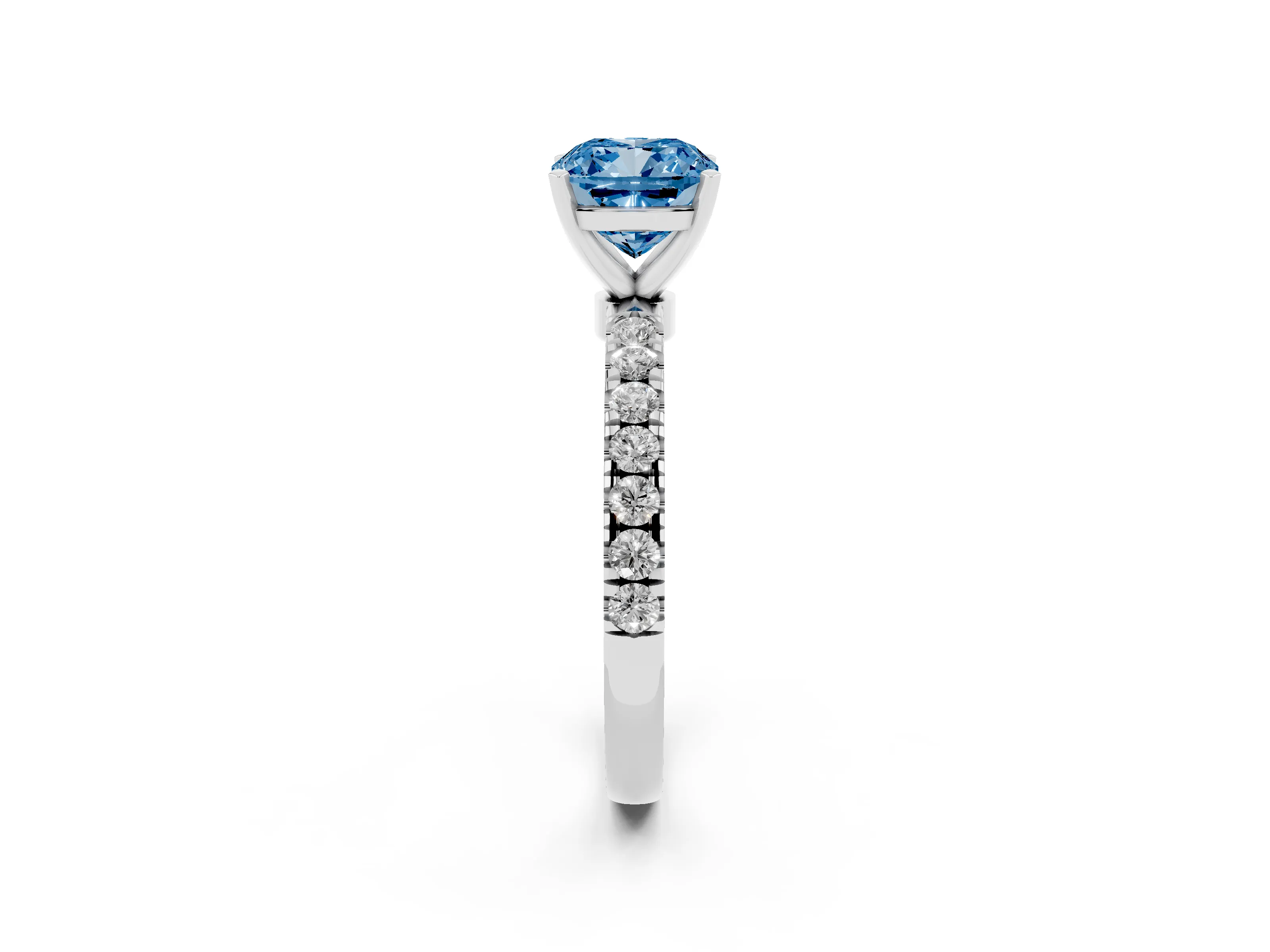 Fancy Blue Cushion Cut Diamond Solitaire Ring Set in Silver with Pavé Accents and Prong Setting