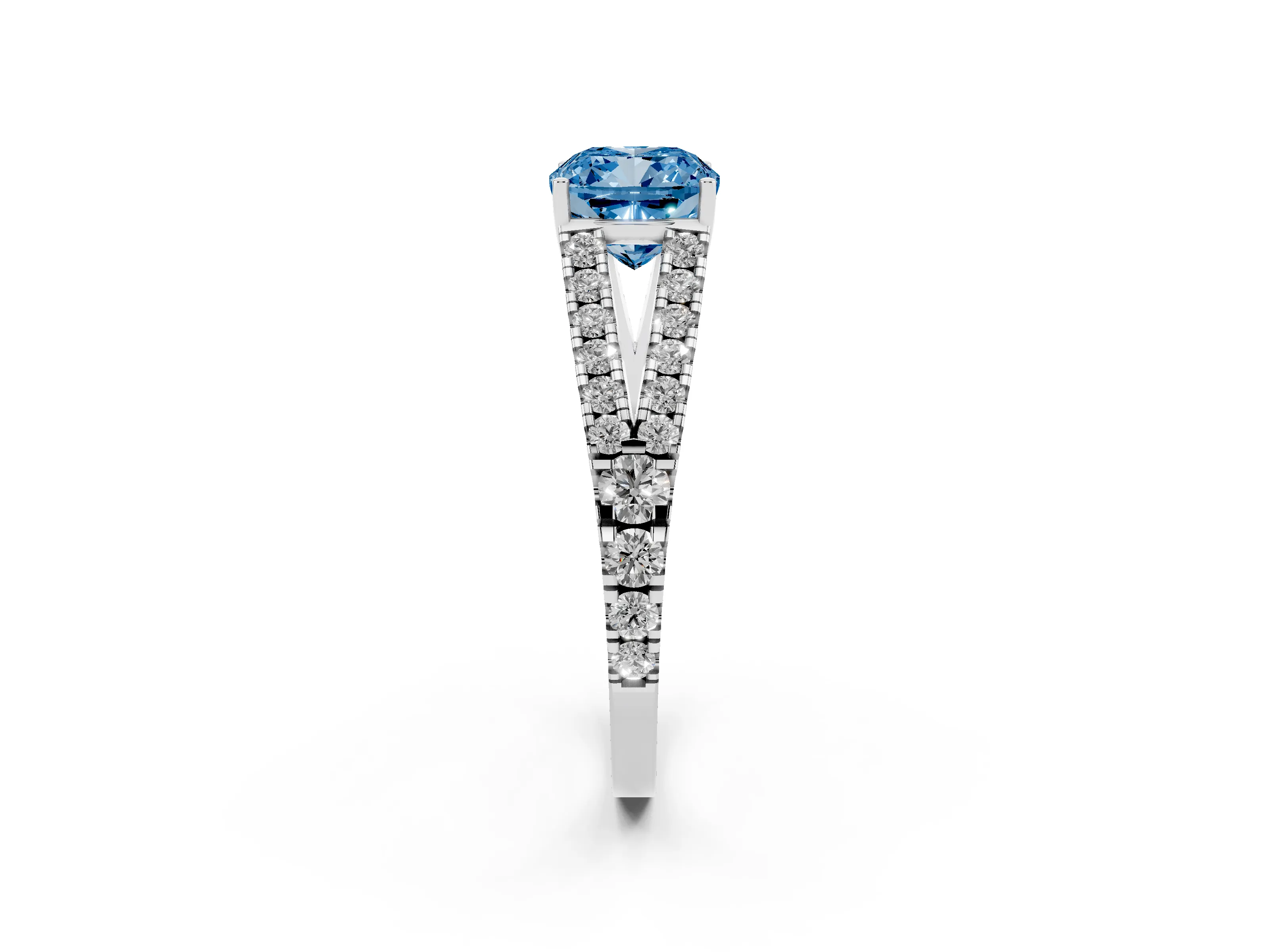 Fancy Blue Cushion Cut Diamond Split Shank Pavé Engagement Ring Set in Silver with Prong-Held Center Stone
