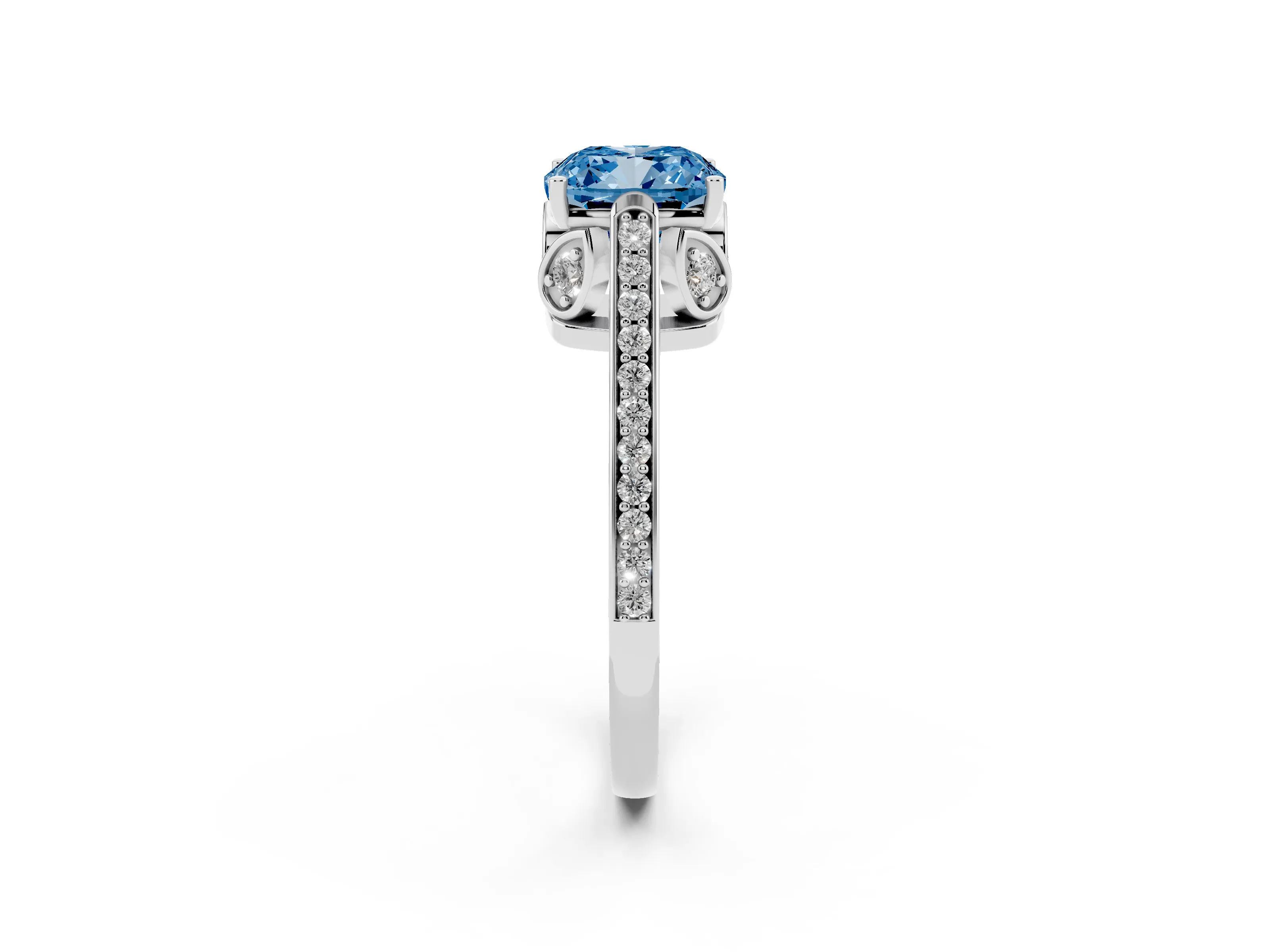 Fancy Blue Cushion Cut Diamond Cathedral Pavé Engagement Ring Set in Silver with Prong Setting