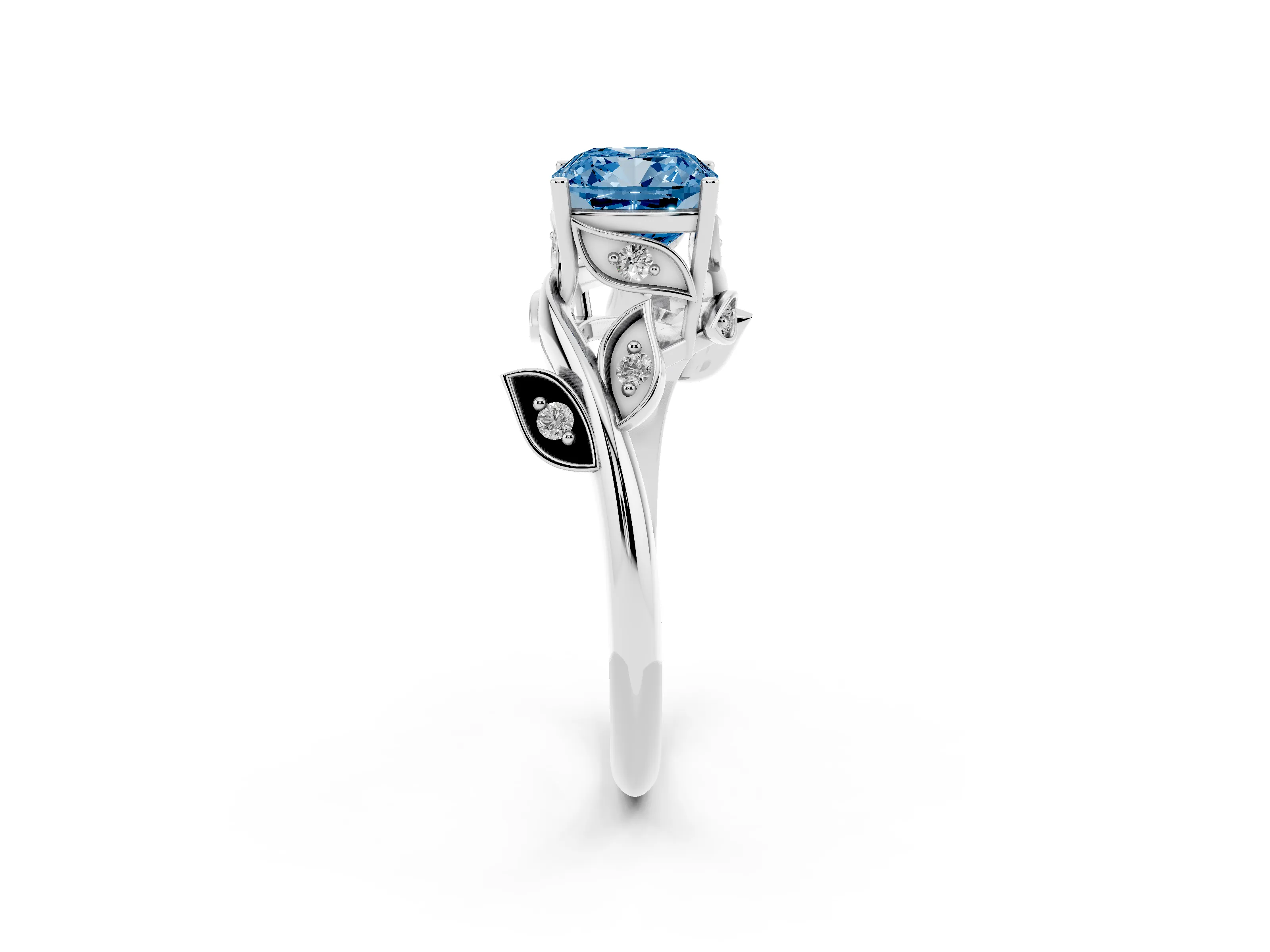 Fancy Blue Cushion Cut Diamond Solitaire Twist Engagement Ring Set in Platinum with Pavé Leaf Accents