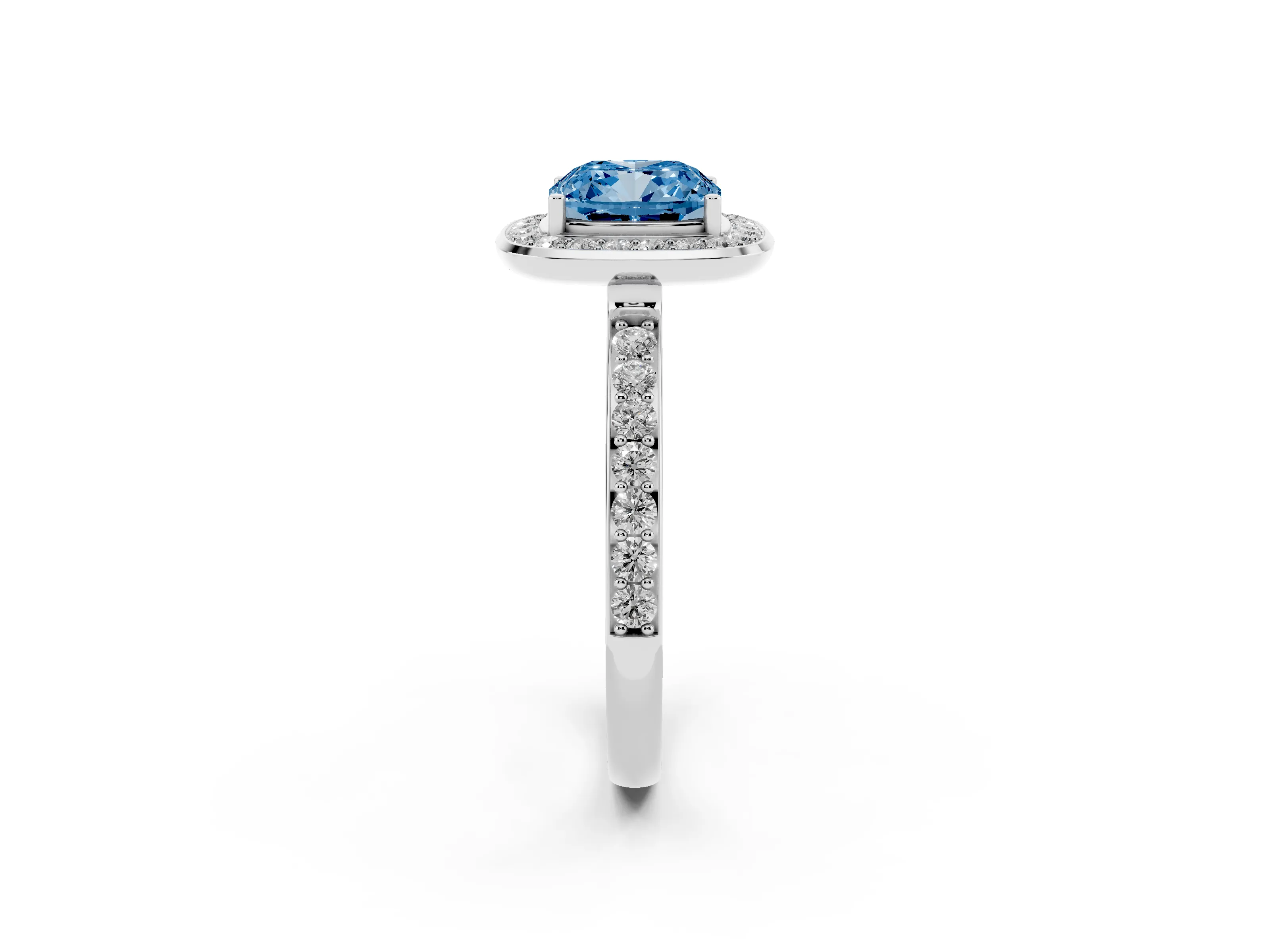 Fancy Blue Cushion Cut Diamond Halo Ring Set in Silver with Bezel Frame and Pavé Band
