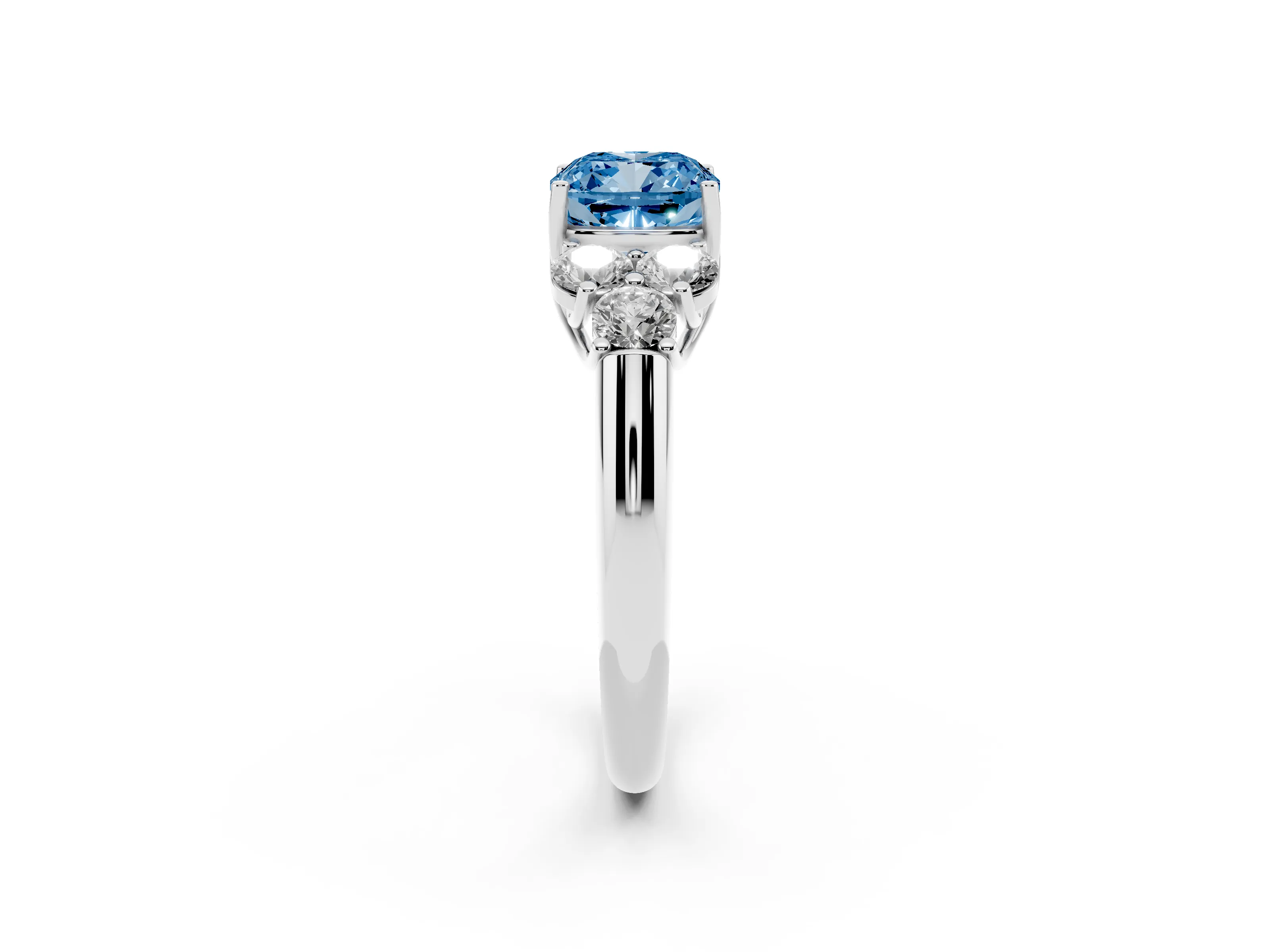 Fancy Blue Cushion Cut Diamond Cluster Ring Set in Platinum with Round Accent Stones and Prong Setting on a Plain Band