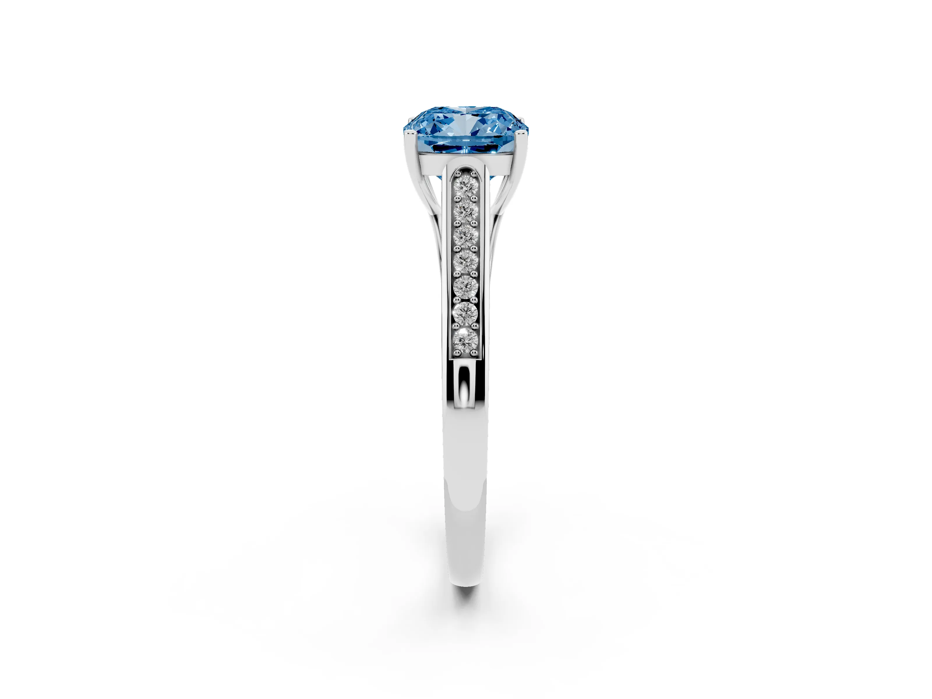 Fancy Blue Cushion Cut Diamond Solitaire Cathedral Engagement Ring Set in White gold with Channel-Set Band and Prong Setting