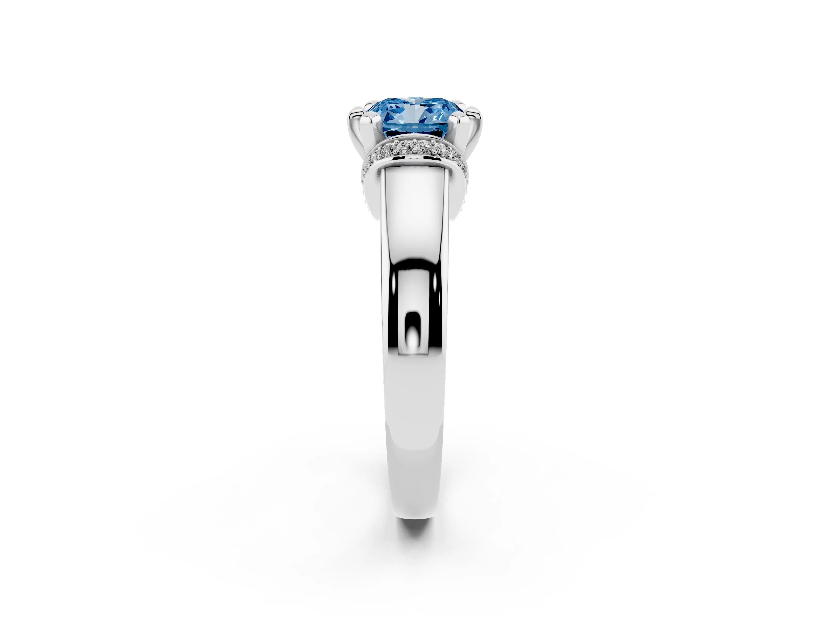 Fancy Blue Cushion Cut Diamond Pavé Band Solitaire Ring Set in Platinum with Prong Setting