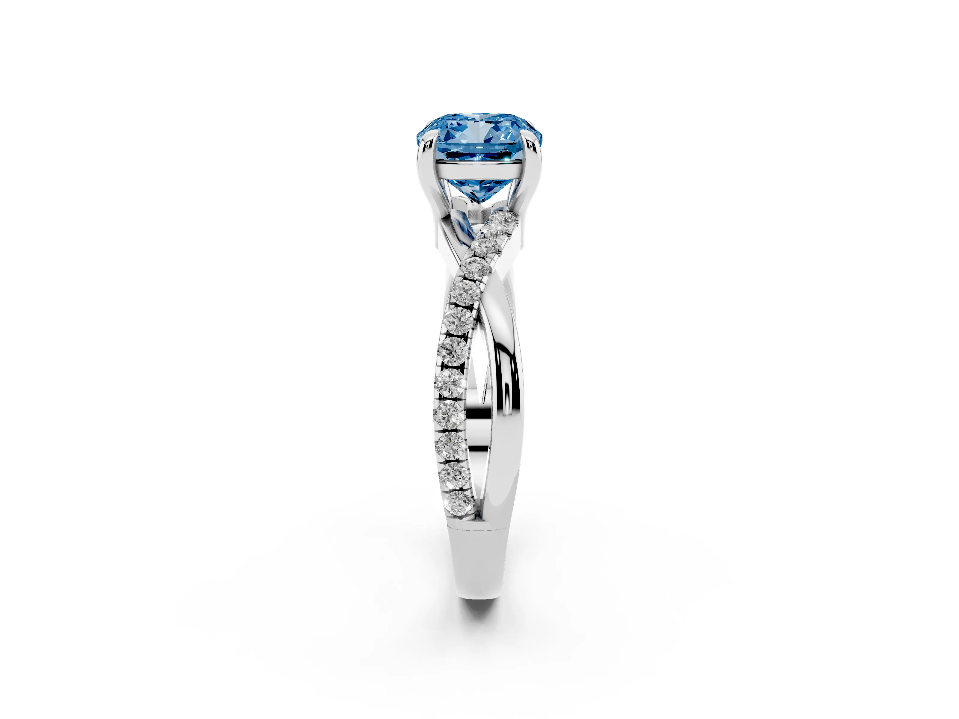 Fancy Blue Cushion Cut Diamond Twist Band Pavé Solitaire Ring Set in Silver with Prong Setting