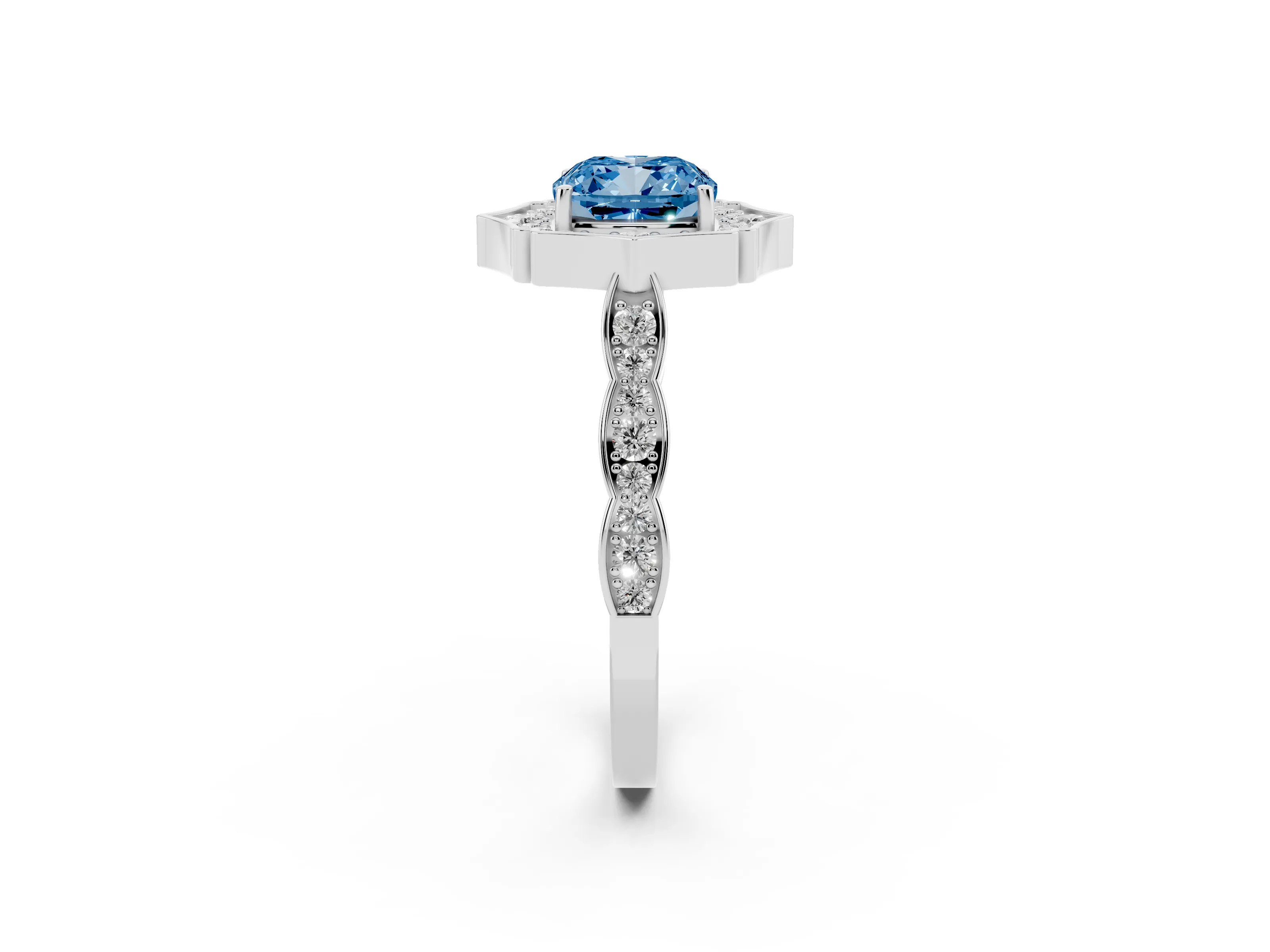 Fancy Blue Cushion Cut Diamond Halo Engagement Ring Set in White gold with Milgrain Band and Prong Setting