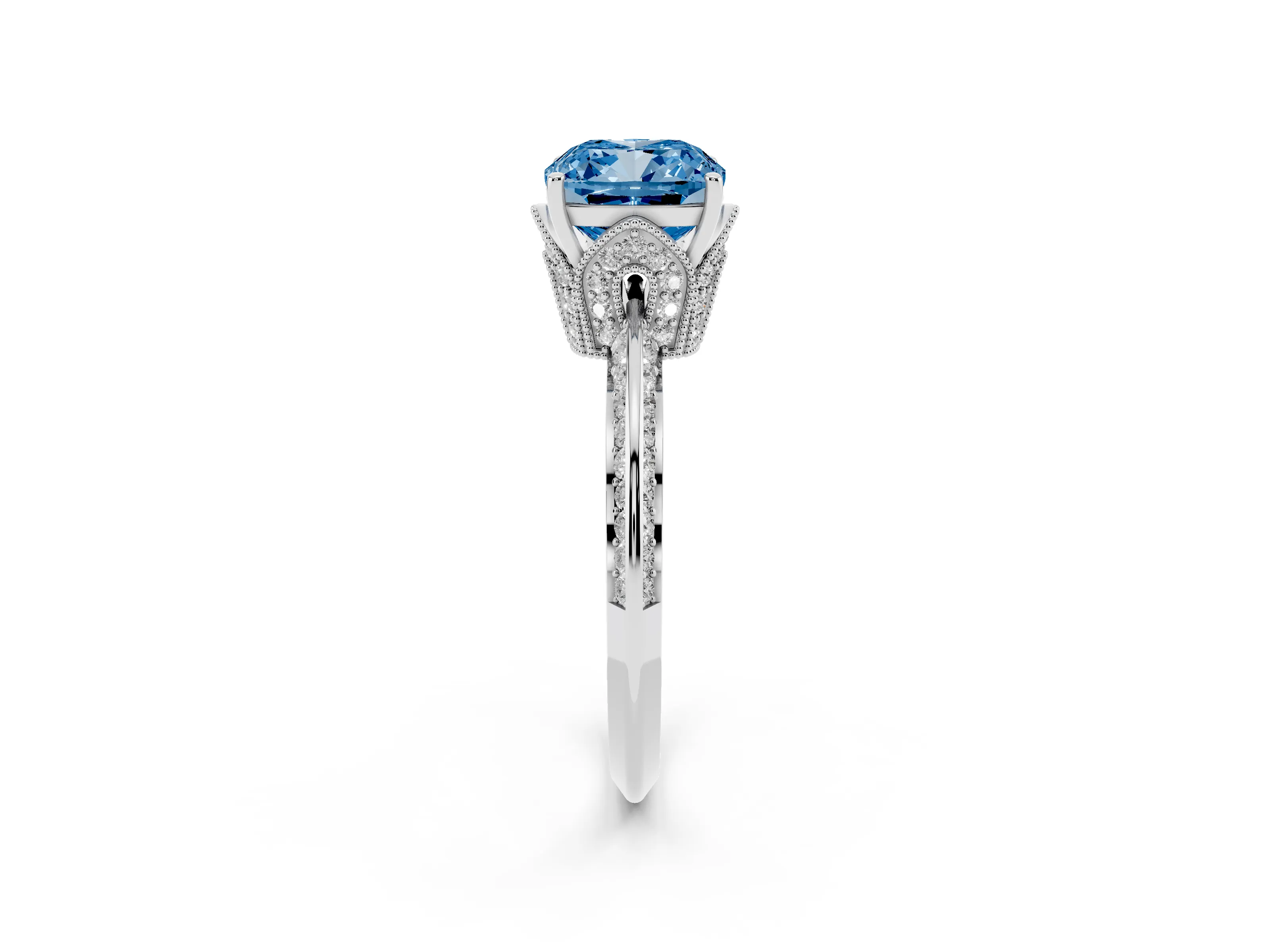 Fancy Blue Cushion Cut Diamond Solitaire Engagement Ring Set in Platinum with Pavé Split Shank and Prong Setting